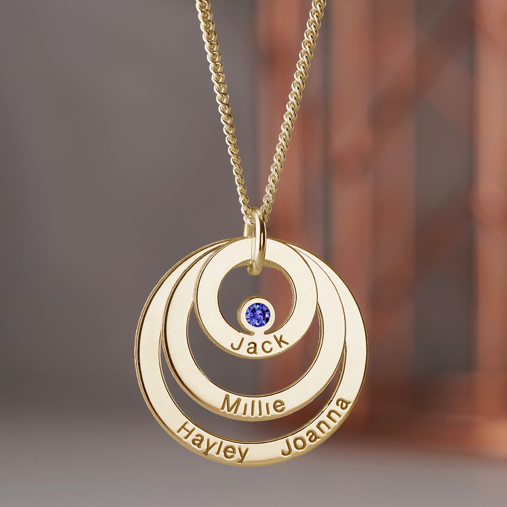 9ct Solid Yellow Gold Engraved Triple Disc Personalised Family Necklace With Sapphire & Optional Chain