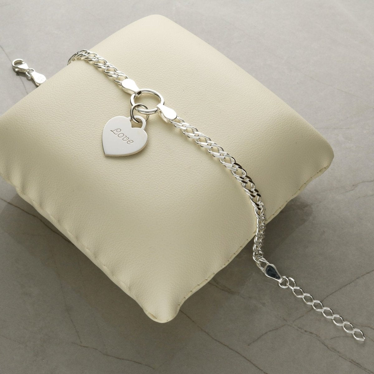 Sterling Silver Ladies Heart on Fancy Double Curb Chain Bracelet With Optional Engraving - Love Silver Jewellery