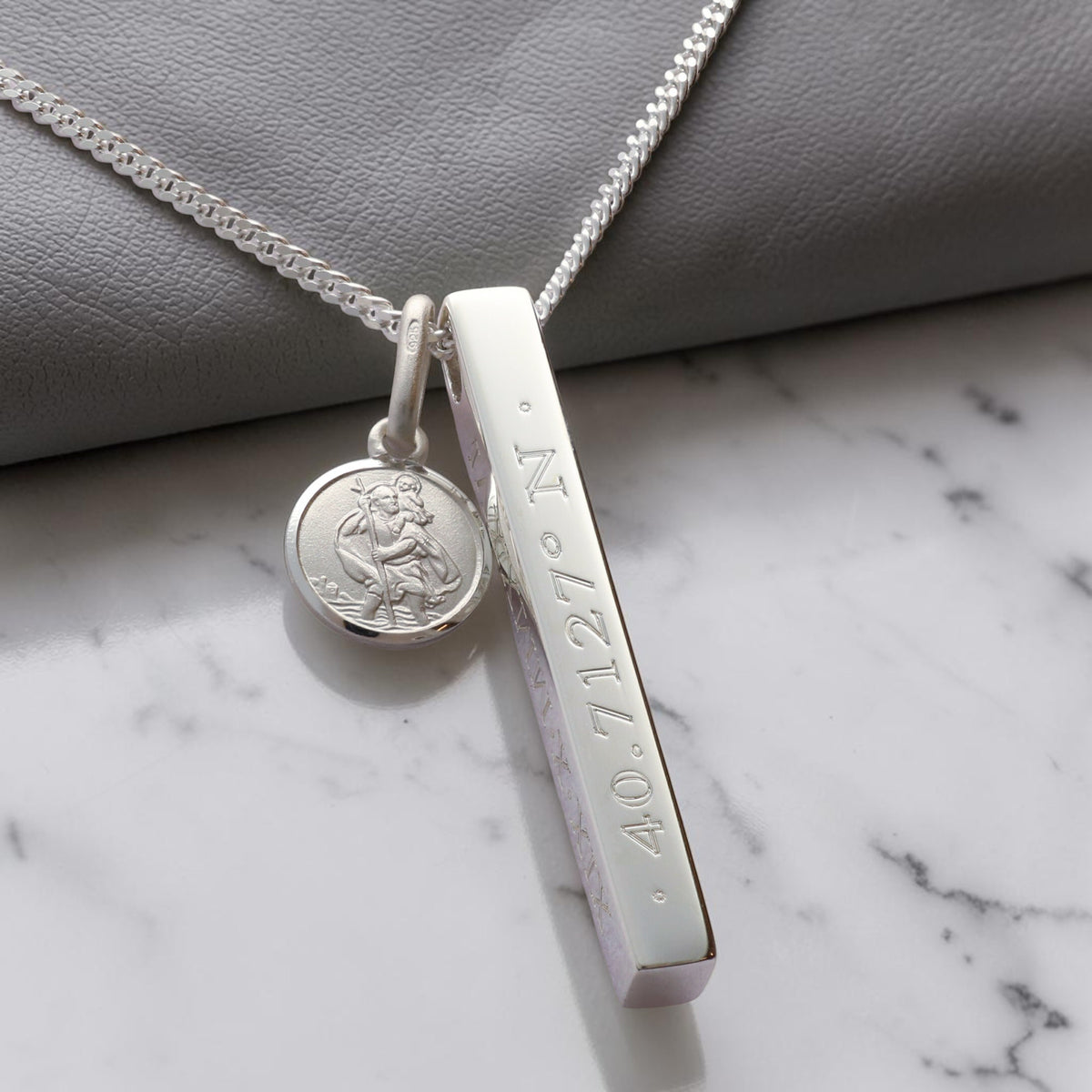 Personalised Sterling Silver 3D Bar & St Christopher Necklace