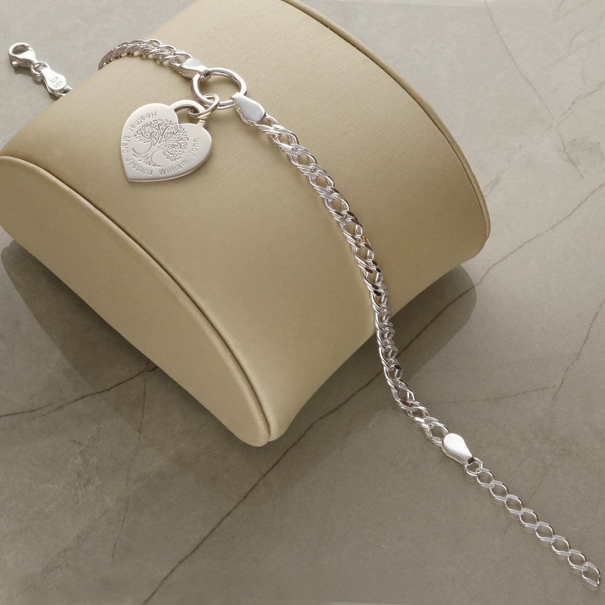 Sterling Silver Personalised Tree of Life Heart Charm Double Curb Bracelet