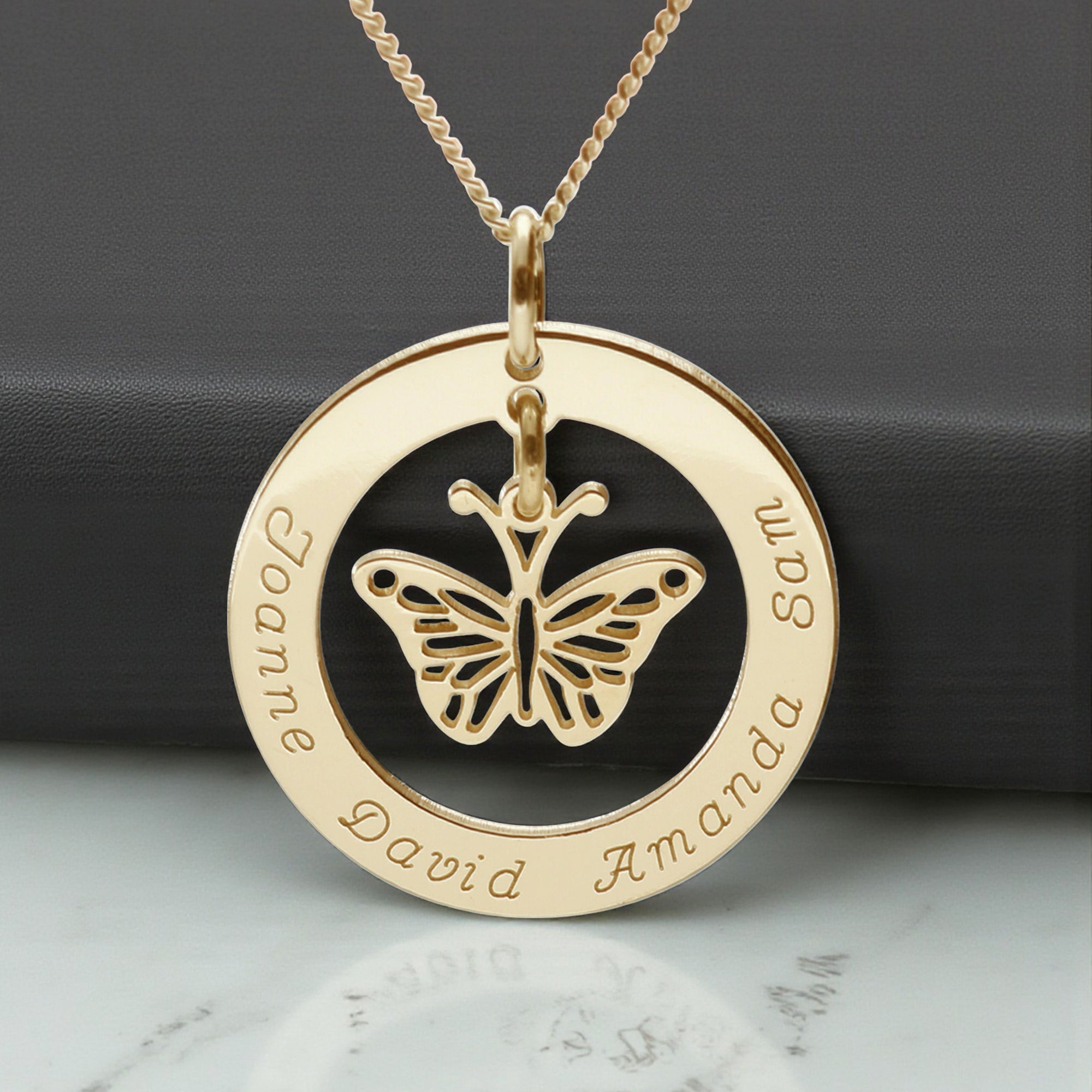 9ct Gold Plated Personalised Disc With Hanging Butterfly Pendant Necklace
