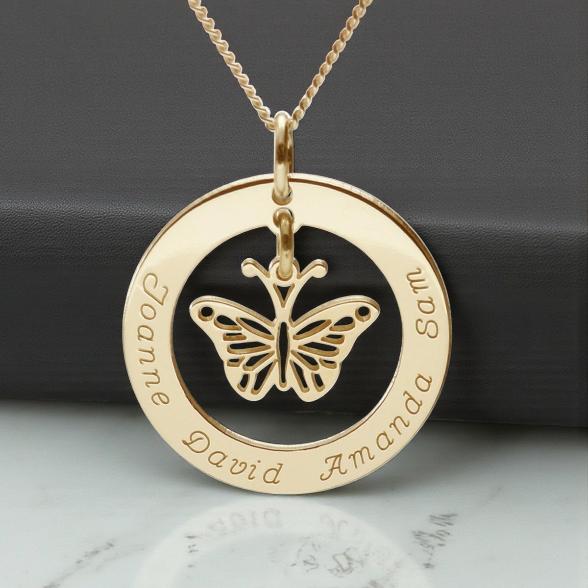 9ct Gold Plated Personalised Disc With Hanging Butterfly Pendant Necklace - Love Silver Jewellery