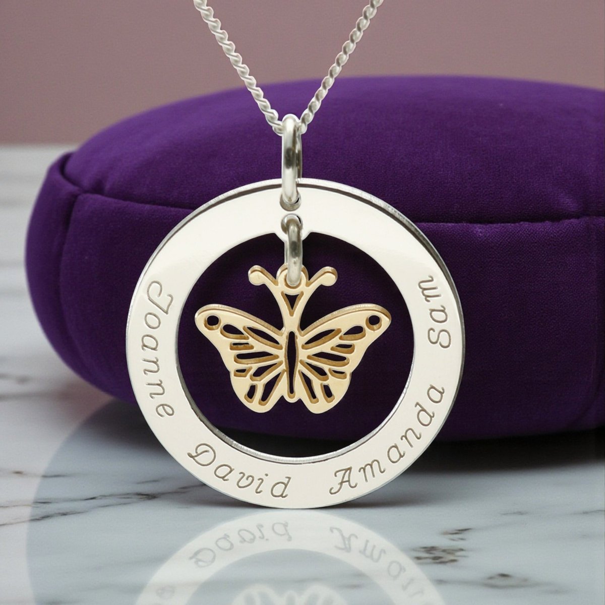 Sterling Silver Personalised Disc With Gold Plated Hanging Butterfly Pendant Necklace - Love Silver Jewellery