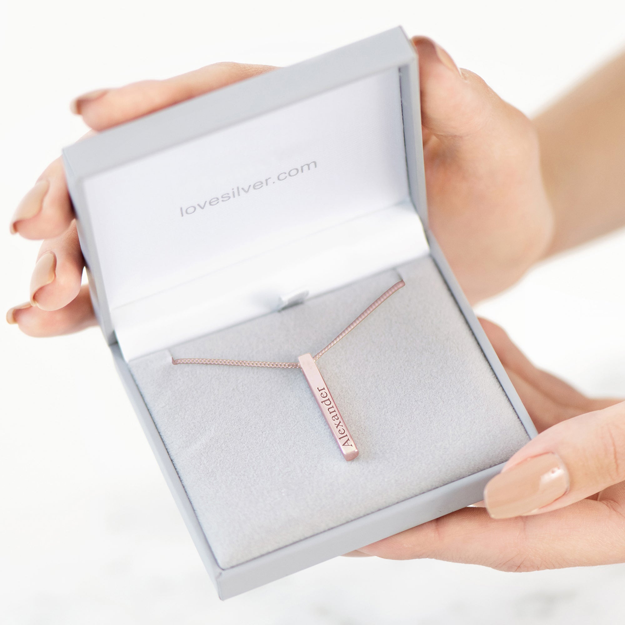 9ct Rose Gold Plated 3D Engraved Name Bar Pendant With Chain