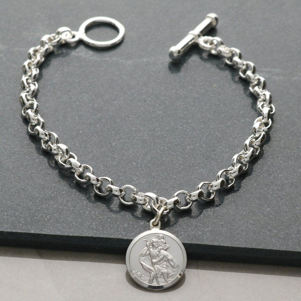 Sterling Silver Belcher T - Bar Bracelet With St Christopher Charm & Optional Engraving - Love Silver Jewellery