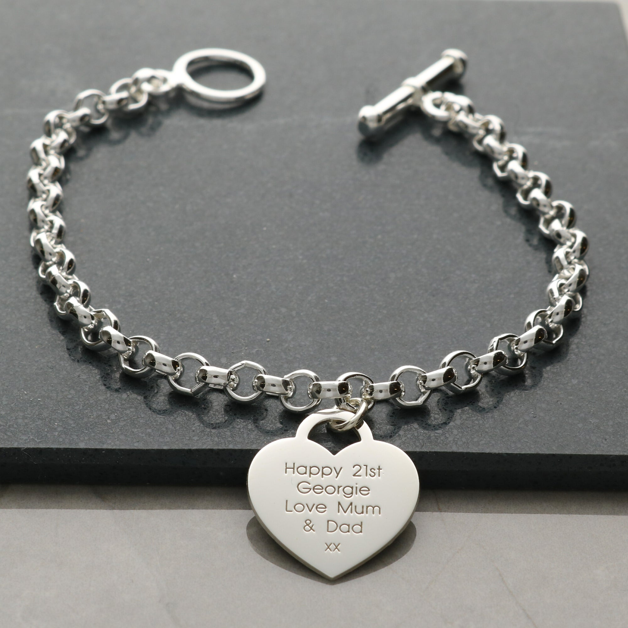 Sterling Silver T Bar Bracelet With Heart Charm and Engraving
