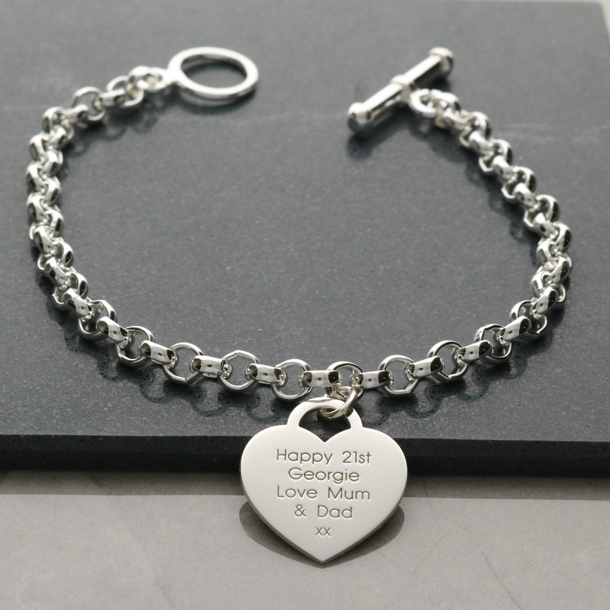 Sterling Silver T Bar Bracelet With Heart Charm and Engraving - Love Silver Jewellery