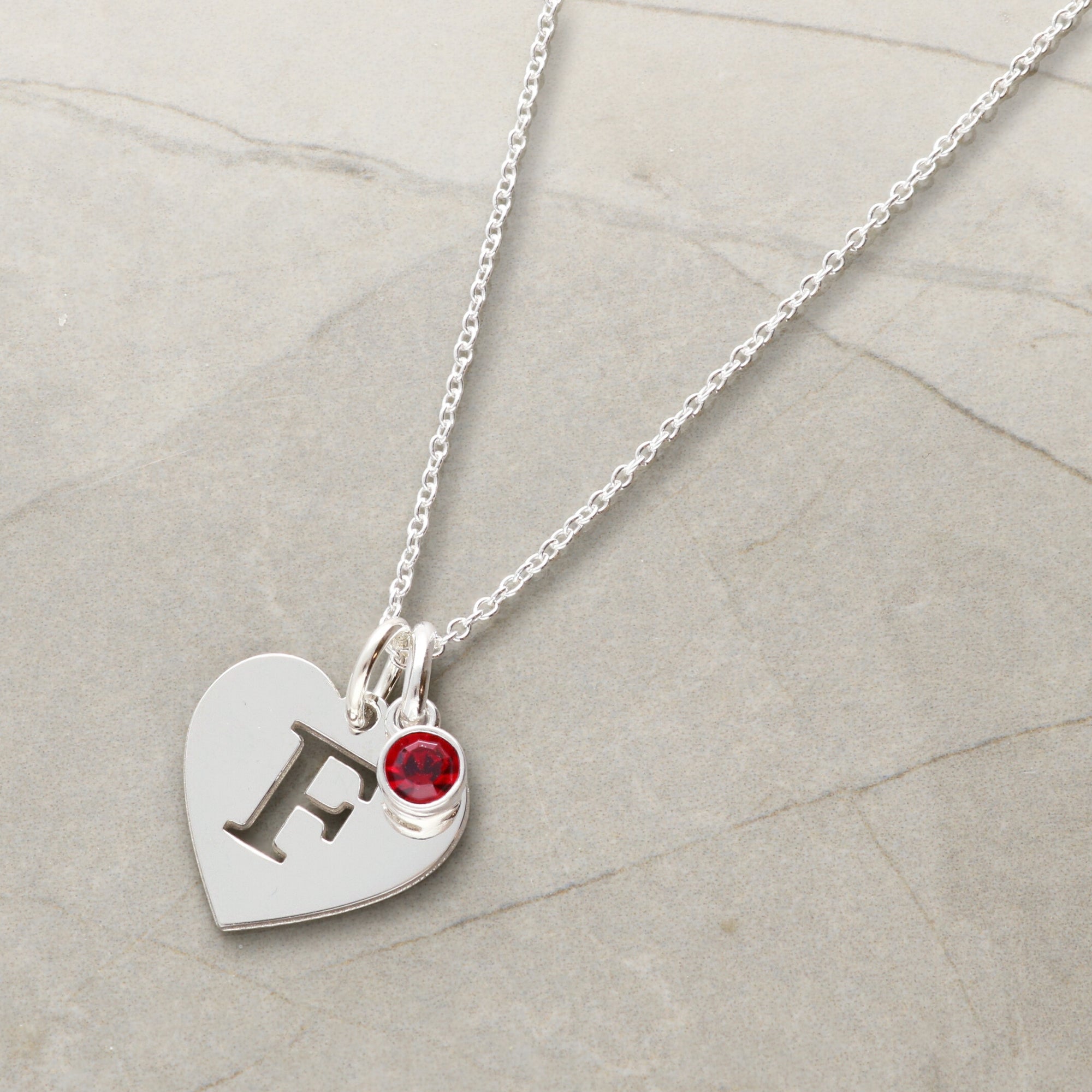 Sterling Silver Initial Heart & Birthstone Necklace