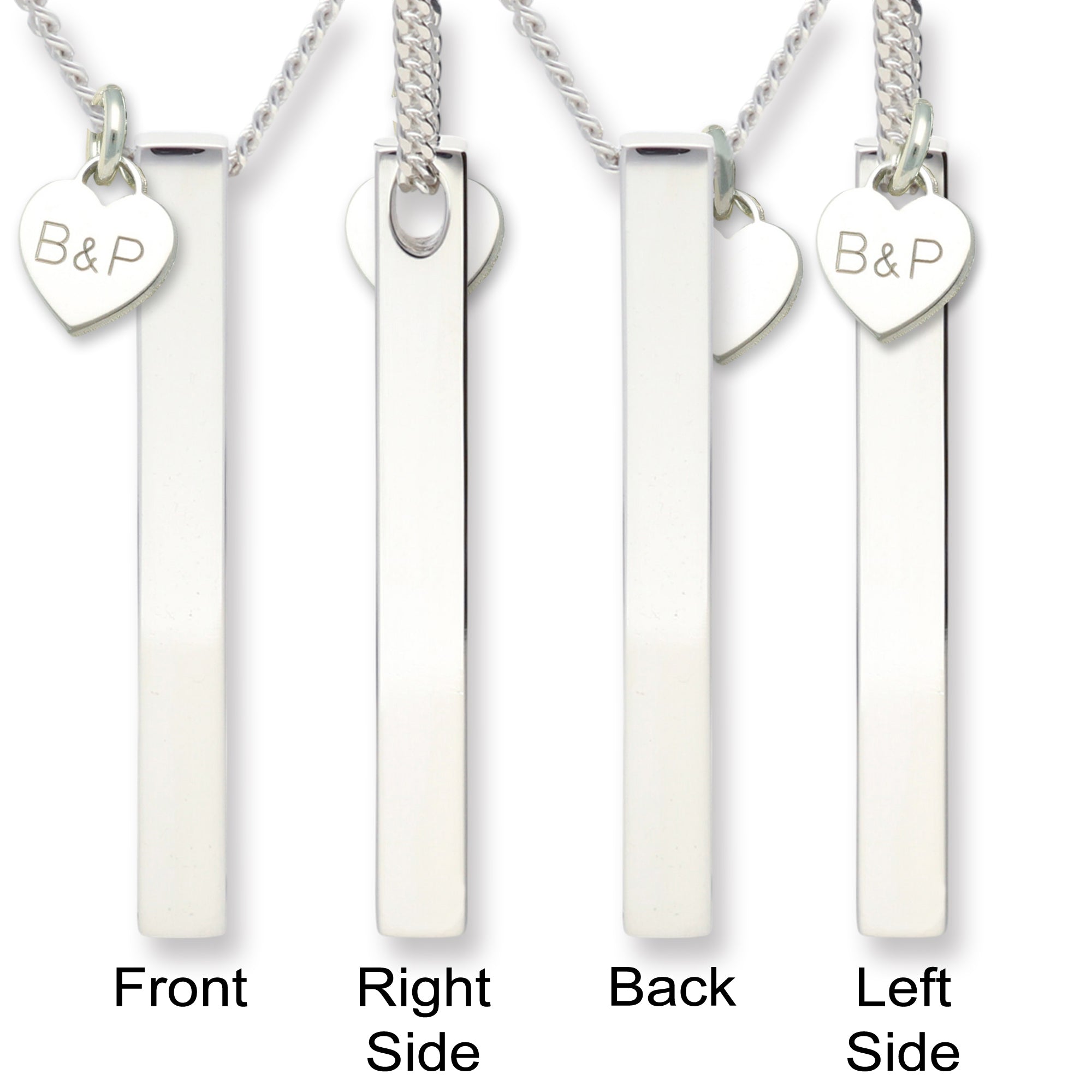 Sterling Silver 3D Engraved Name Bar Necklace With Heart Charm