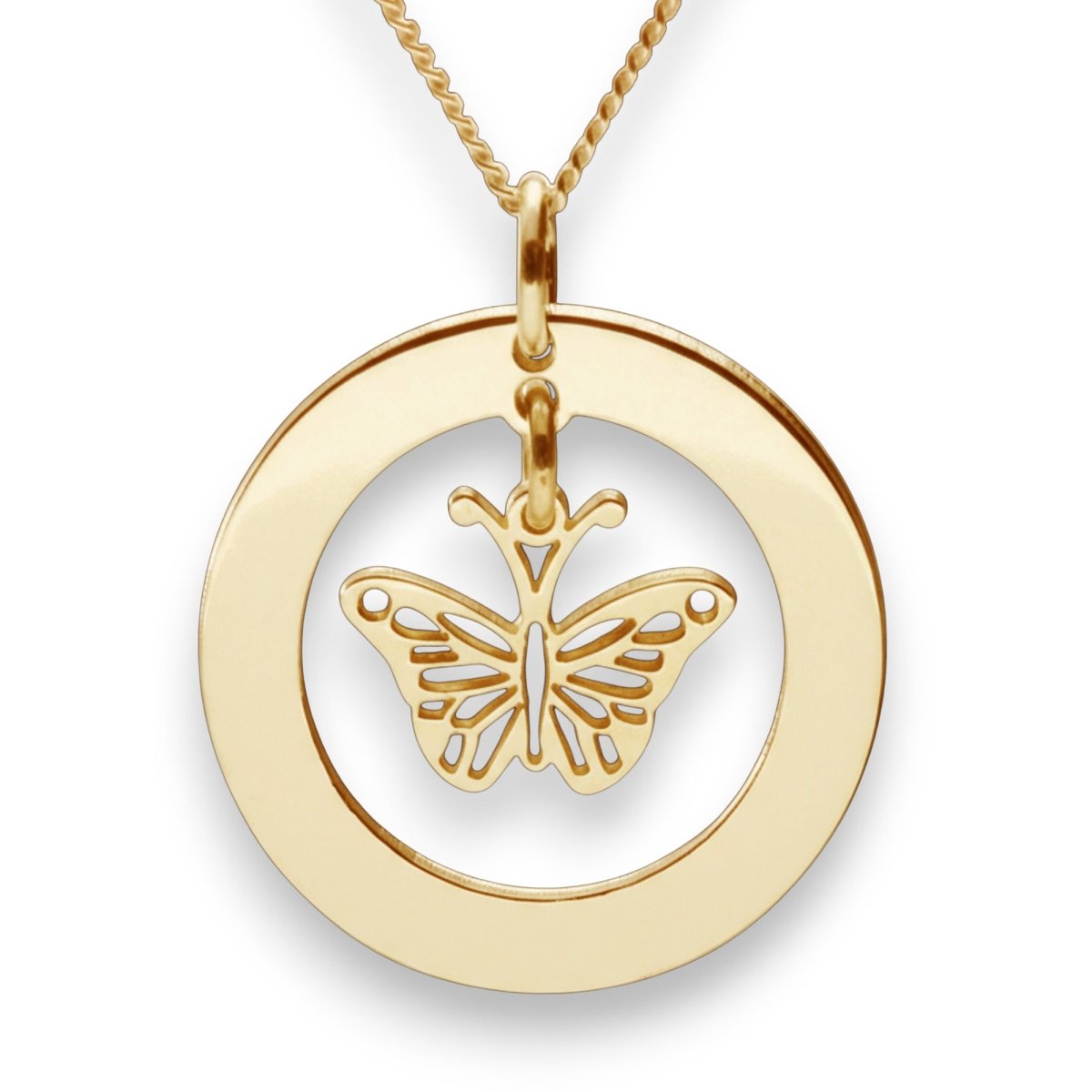 9ct Gold Plated Personalised Disc With Hanging Butterfly Pendant Necklace - Love Silver Jewellery