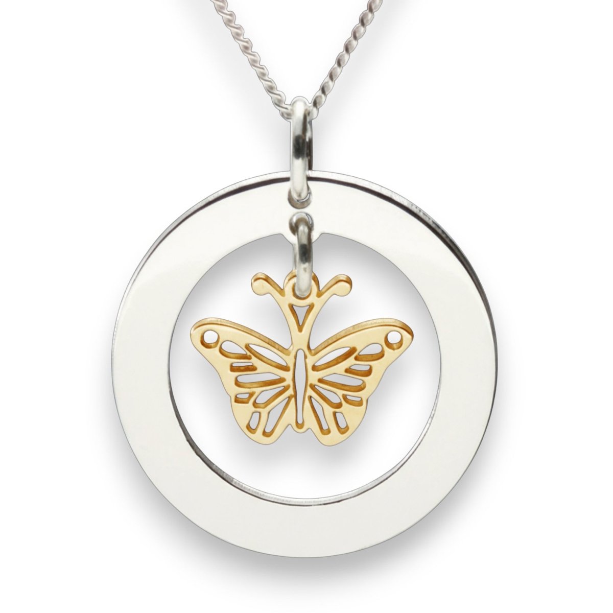 Sterling Silver Personalised Disc With Gold Plated Hanging Butterfly Pendant Necklace - Love Silver Jewellery