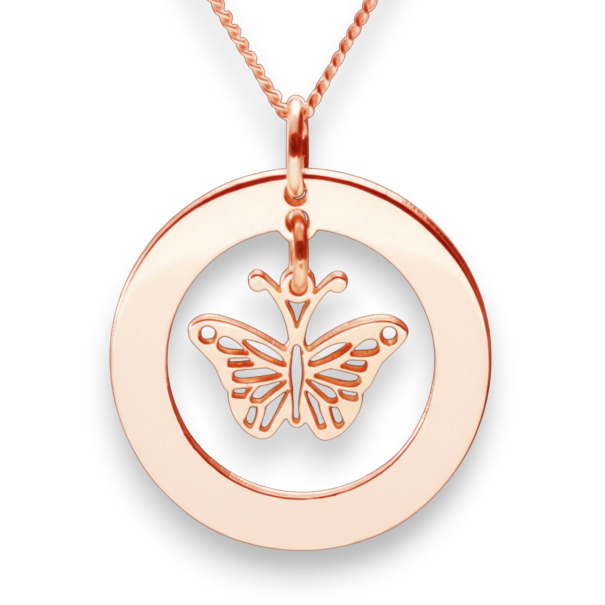 9ct Rose Gold Plated Personalised Disc With Hanging Butterfly Pendant Necklace