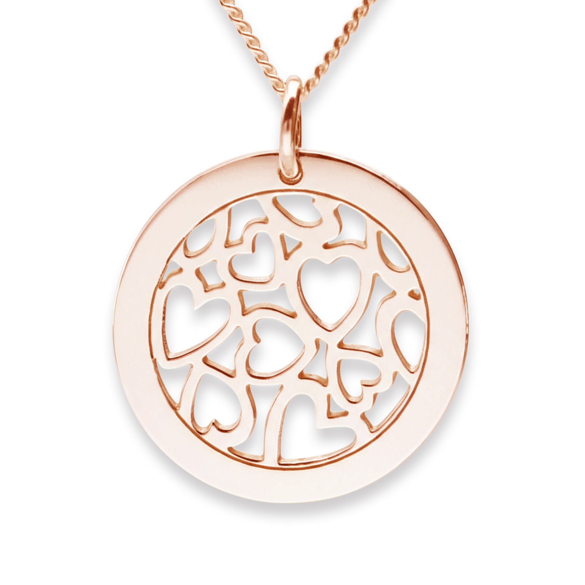 9ct Rose Gold Hearts in Engraved Disc Necklace