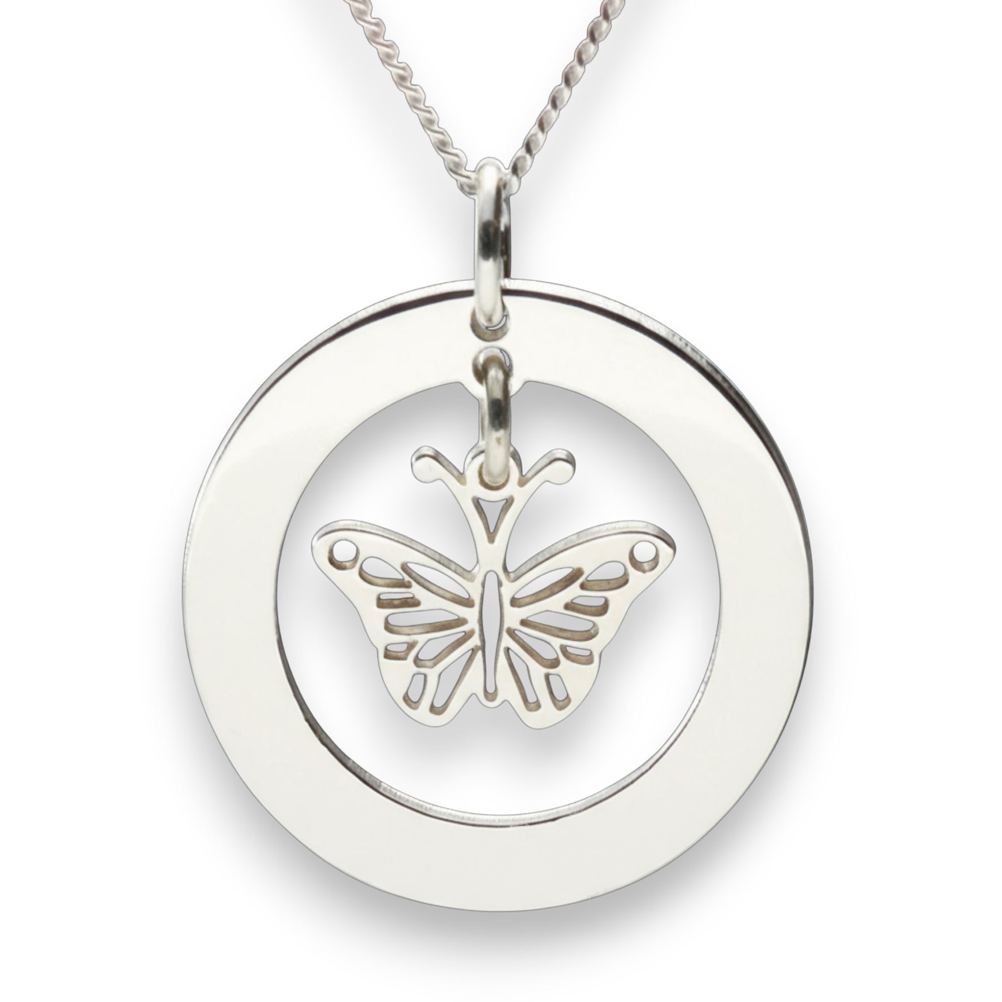 Sterling Silver Personalised Disc With Hanging Butterfly Pendant Necklace