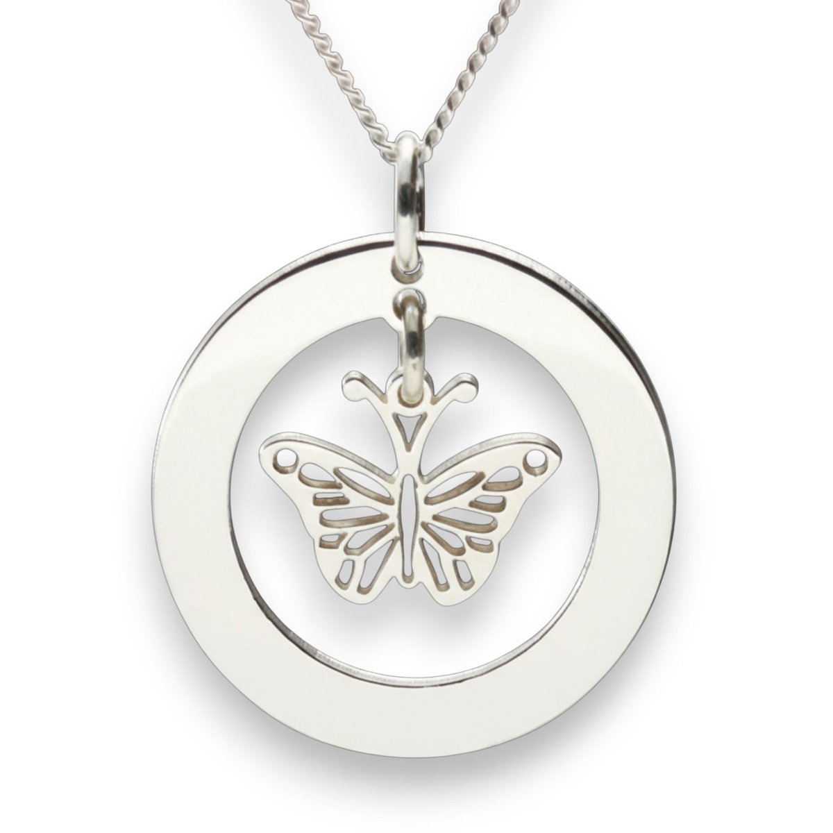 Sterling Silver Personalised Disc With Hanging Butterfly Pendant Necklace - Love Silver Jewellery