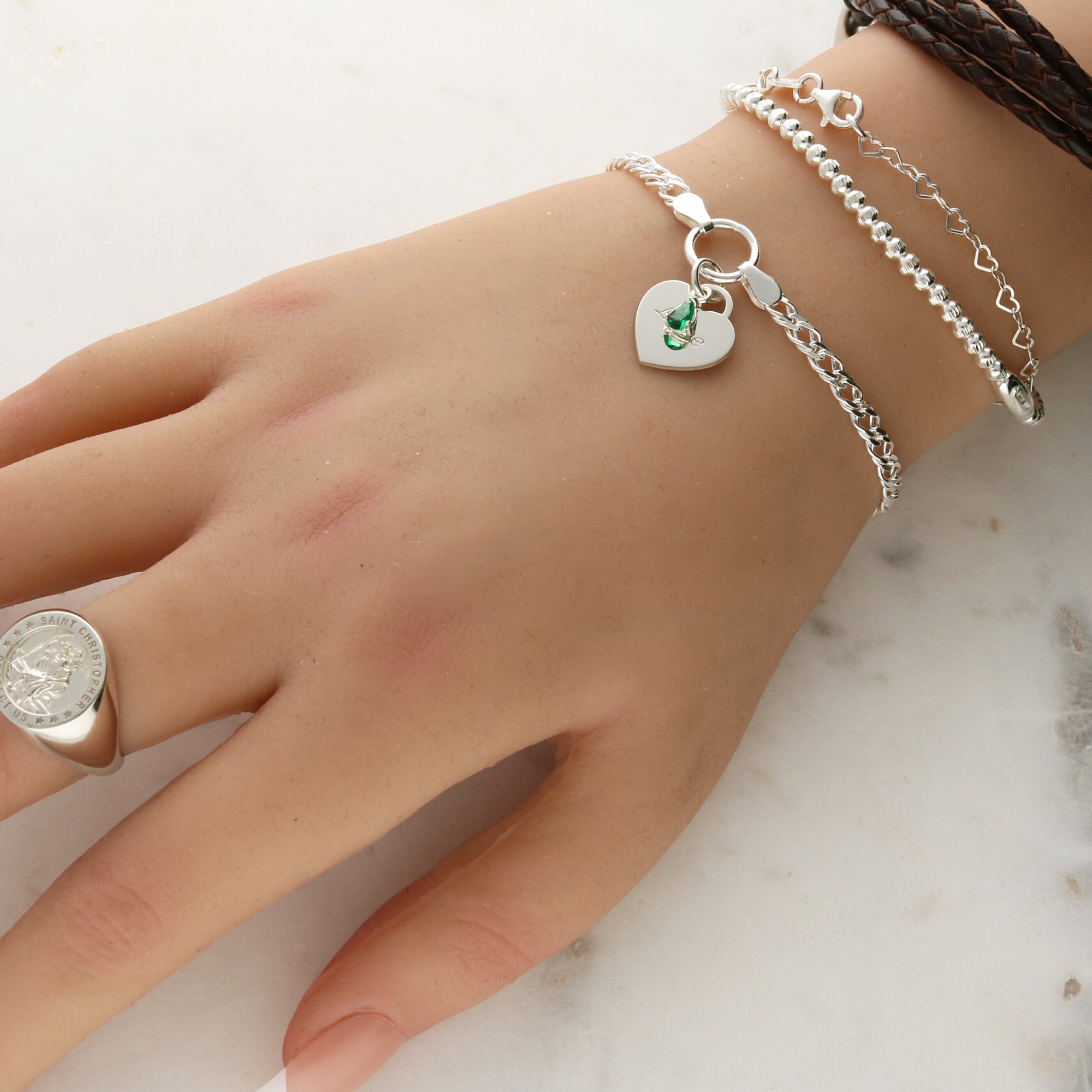 Sterling Silver Heart and Birthstone Double Curb Bracelet With Optional Engraving