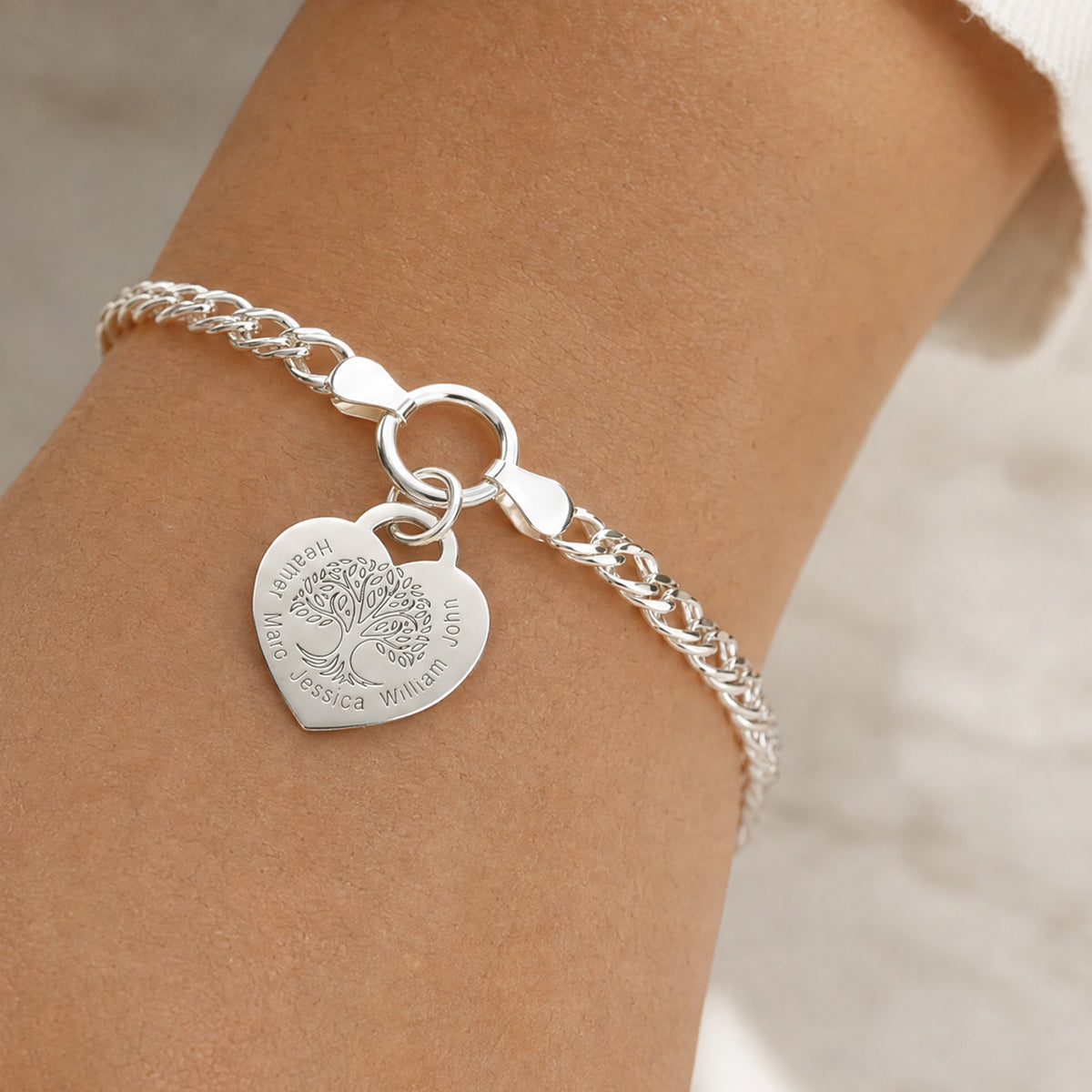 Sterling Silver Personalised Tree of Life Heart Charm Double Curb Bracelet