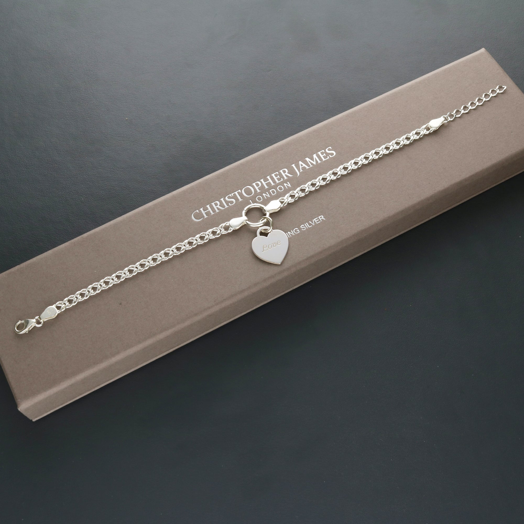 Sterling Silver Ladies Heart on Fancy Double Curb Chain Bracelet With Optional Engraving