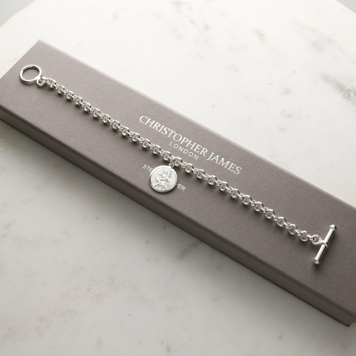 Sterling Silver Belcher T - Bar Bracelet With St Christopher Charm & Optional Engraving - Love Silver Jewellery