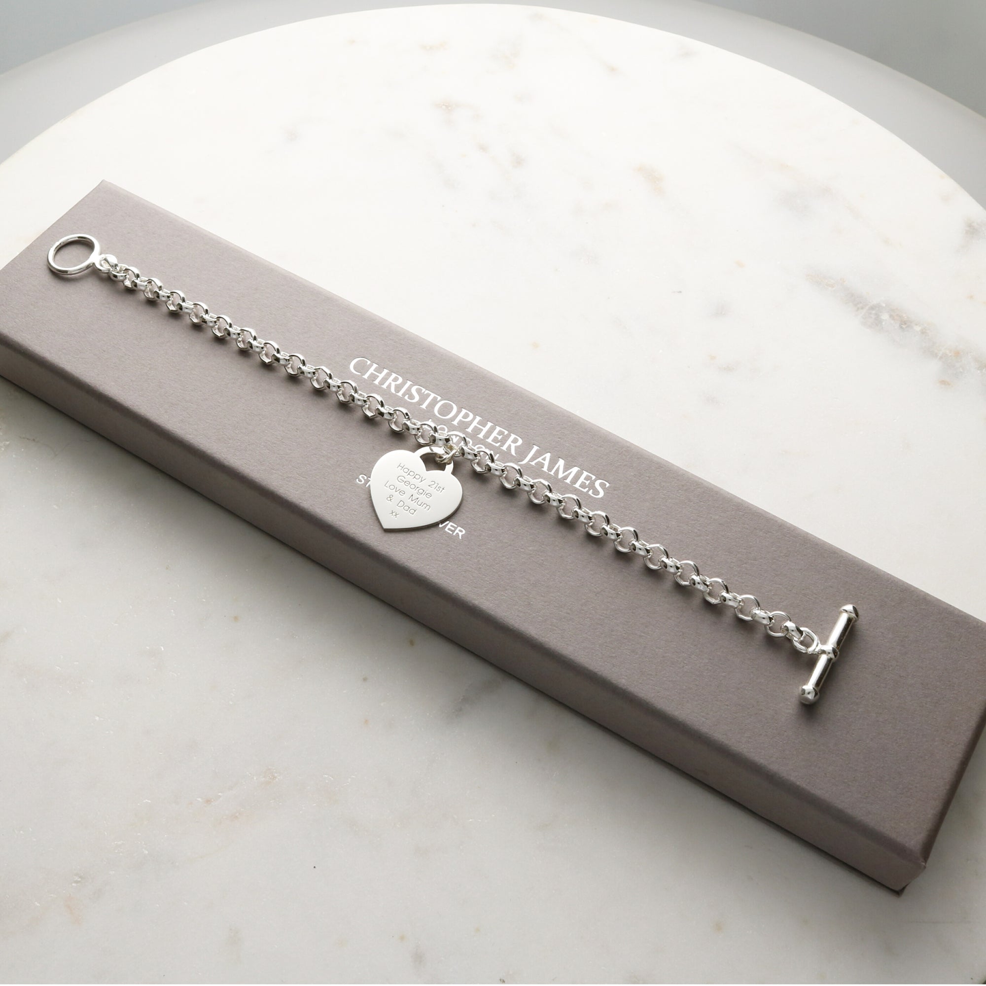 Sterling Silver T Bar Bracelet With Heart Charm and Engraving