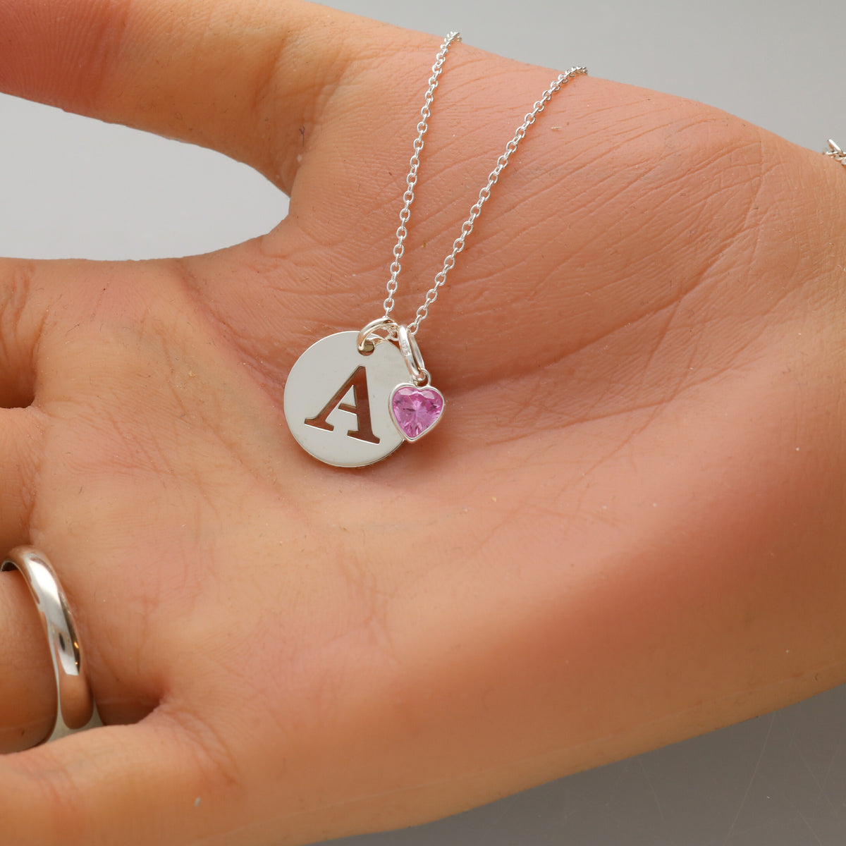 Sterling Silver Initial Disc & Heart Birthstone Necklace