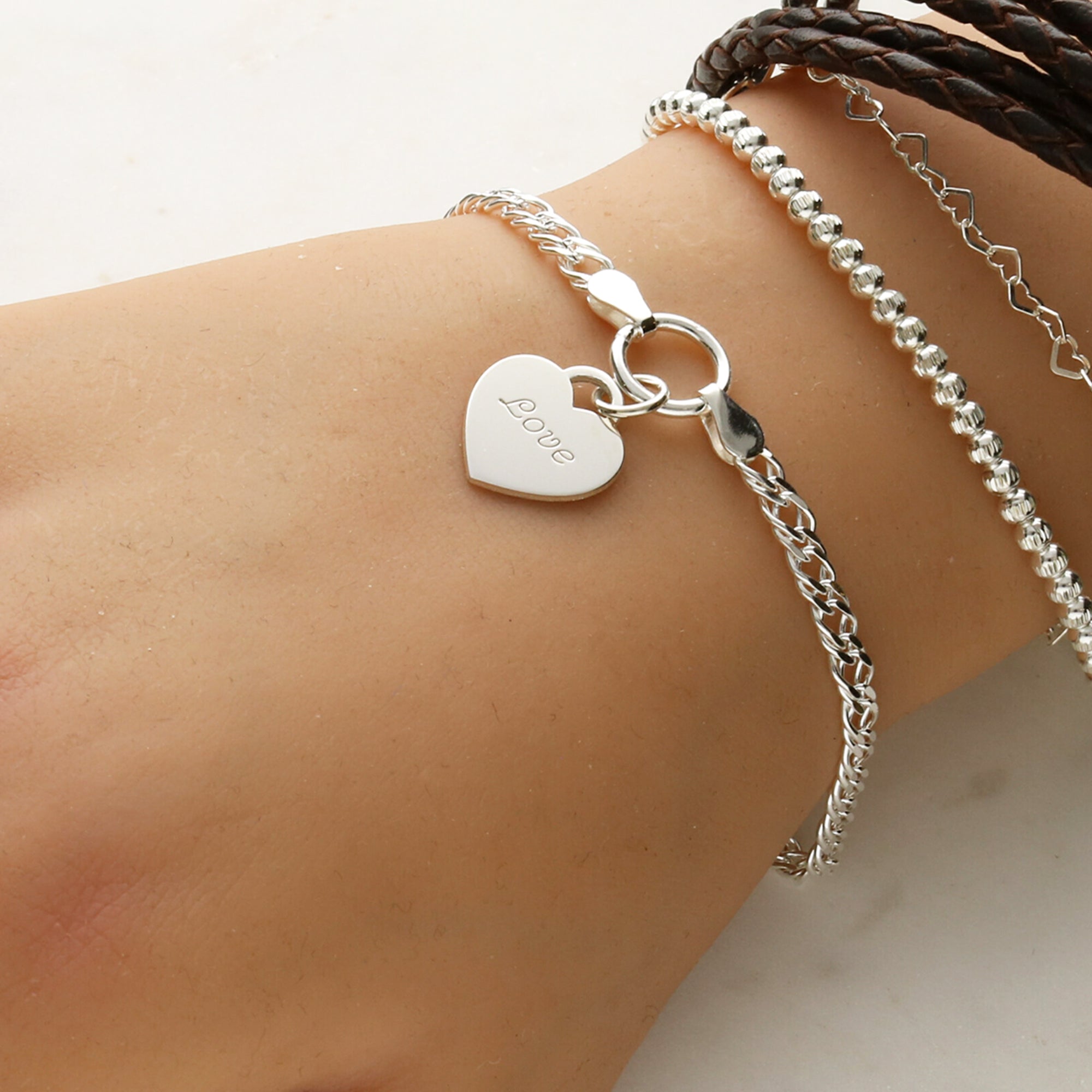 Sterling Silver Ladies Heart on Fancy Double Curb Chain Bracelet With Optional Engraving