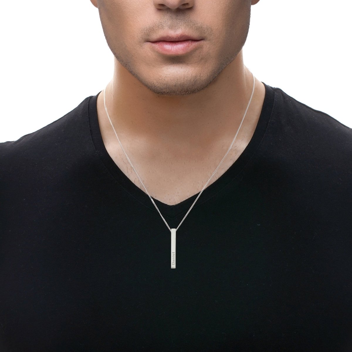 Mens Silver 3D Engraved Bar Pendant Necklace - Love Silver Jewellery