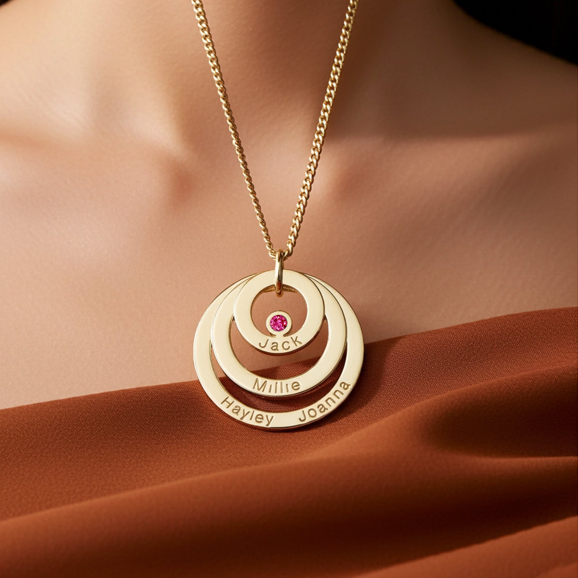 9ct Solid Yellow Gold Engraved Triple Disc Personalised Family Necklace With Ruby & Optional Chain