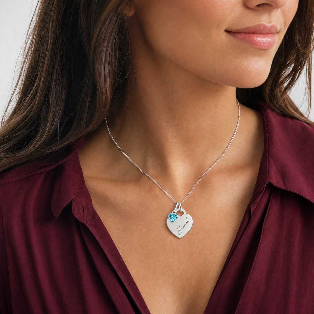 Sterling Silver Personalised Heart Necklace With Heart Birthstone Charm