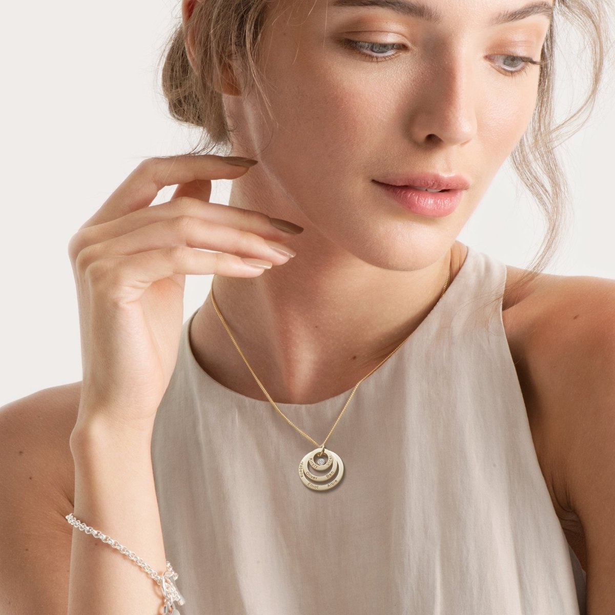 9ct Solid Yellow Gold Engraved Triple Disc Personalised Family Necklace With Diamond & Optional Chain - Love Silver Jewellery