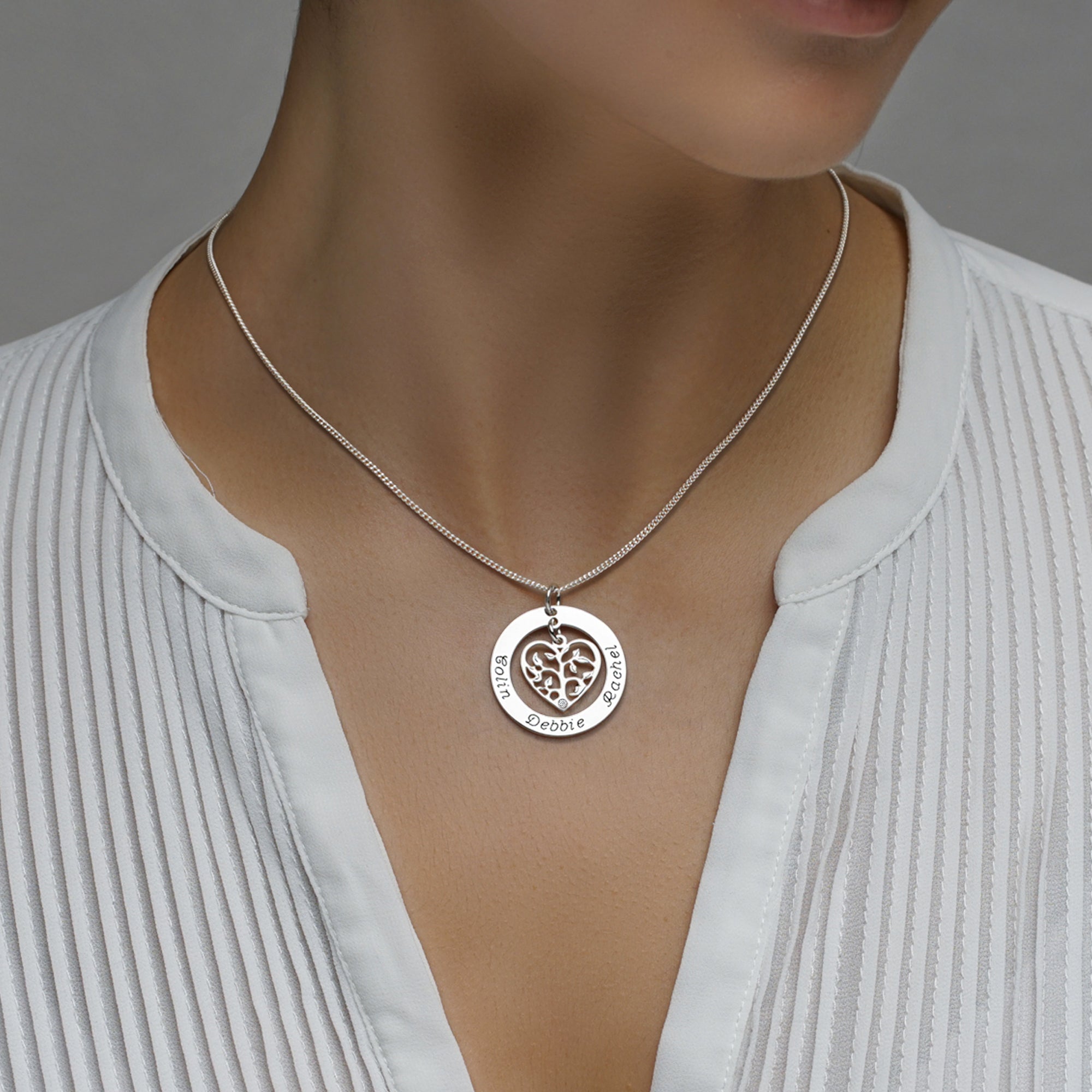 Sterling Silver Filigree Heart Tree of Life Family Necklace With Crystal Or Real Diamond