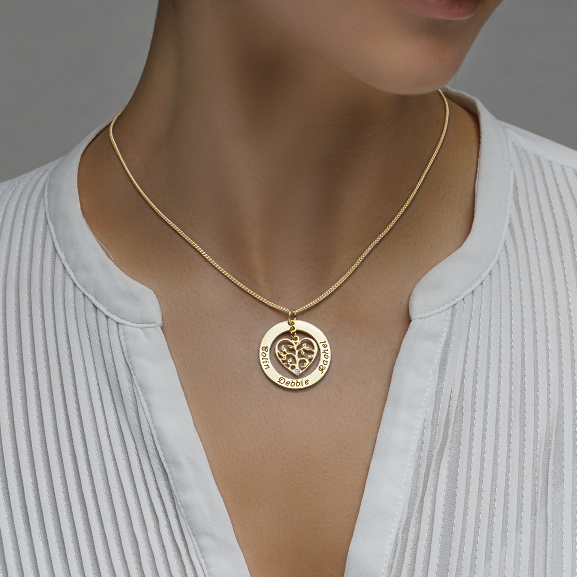 9ct Yellow Gold Plated Filigree Heart Tree of Life Family Necklace With Crystal Or Real Diamond