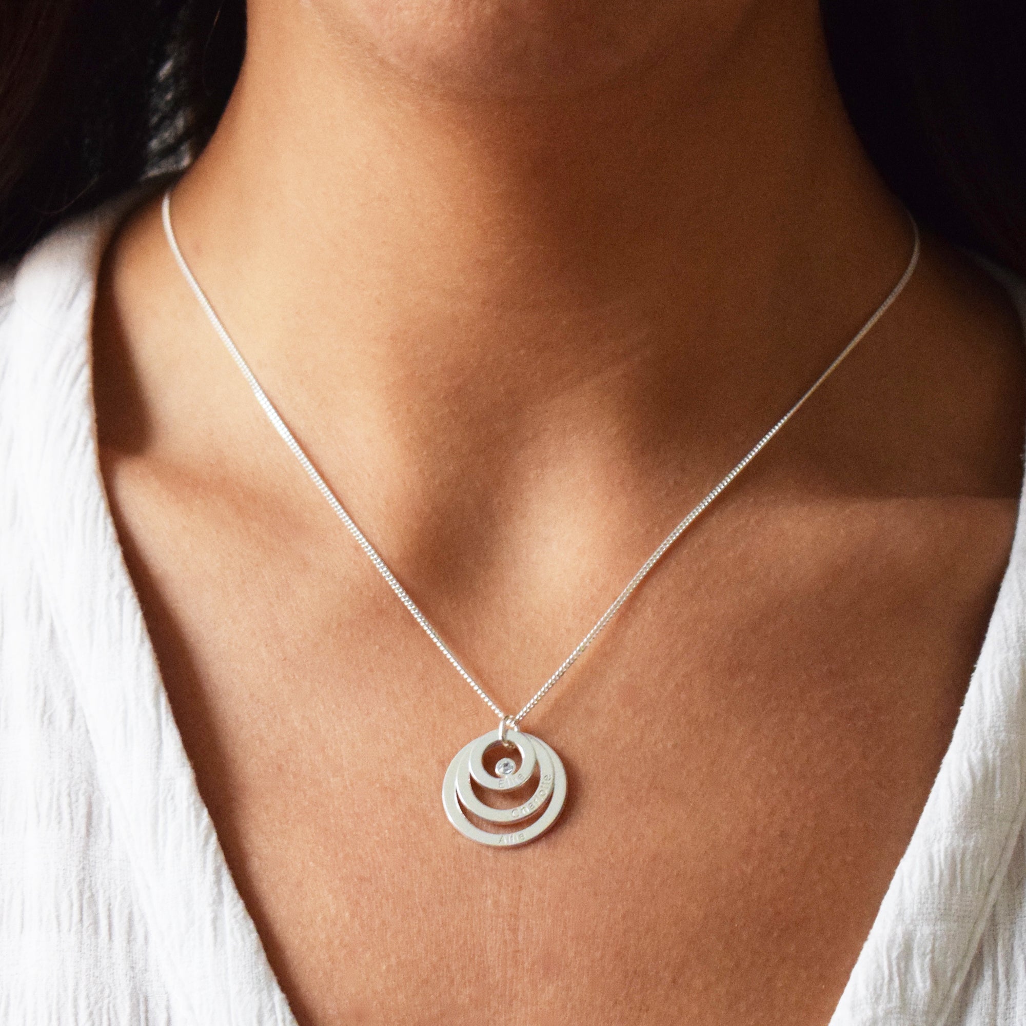 9ct White Gold Triple Disc Personalised Family Necklace With Diamond or Crystal