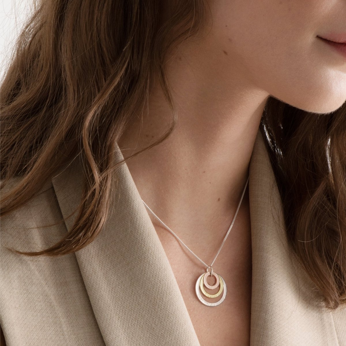 Three Colour 9ct Gold Triple Disc Personalised Family Pendant with Chain Option - Love Silver Jewellery