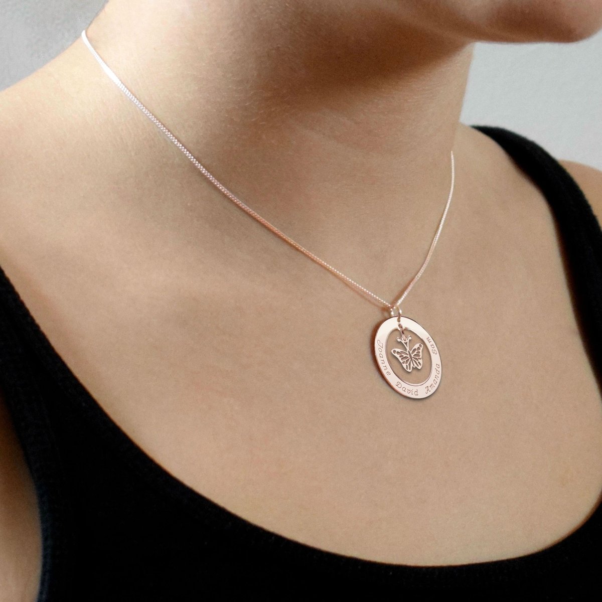 9ct Rose Gold Plated Personalised Disc With Hanging Butterfly Pendant Necklace - Love Silver Jewellery