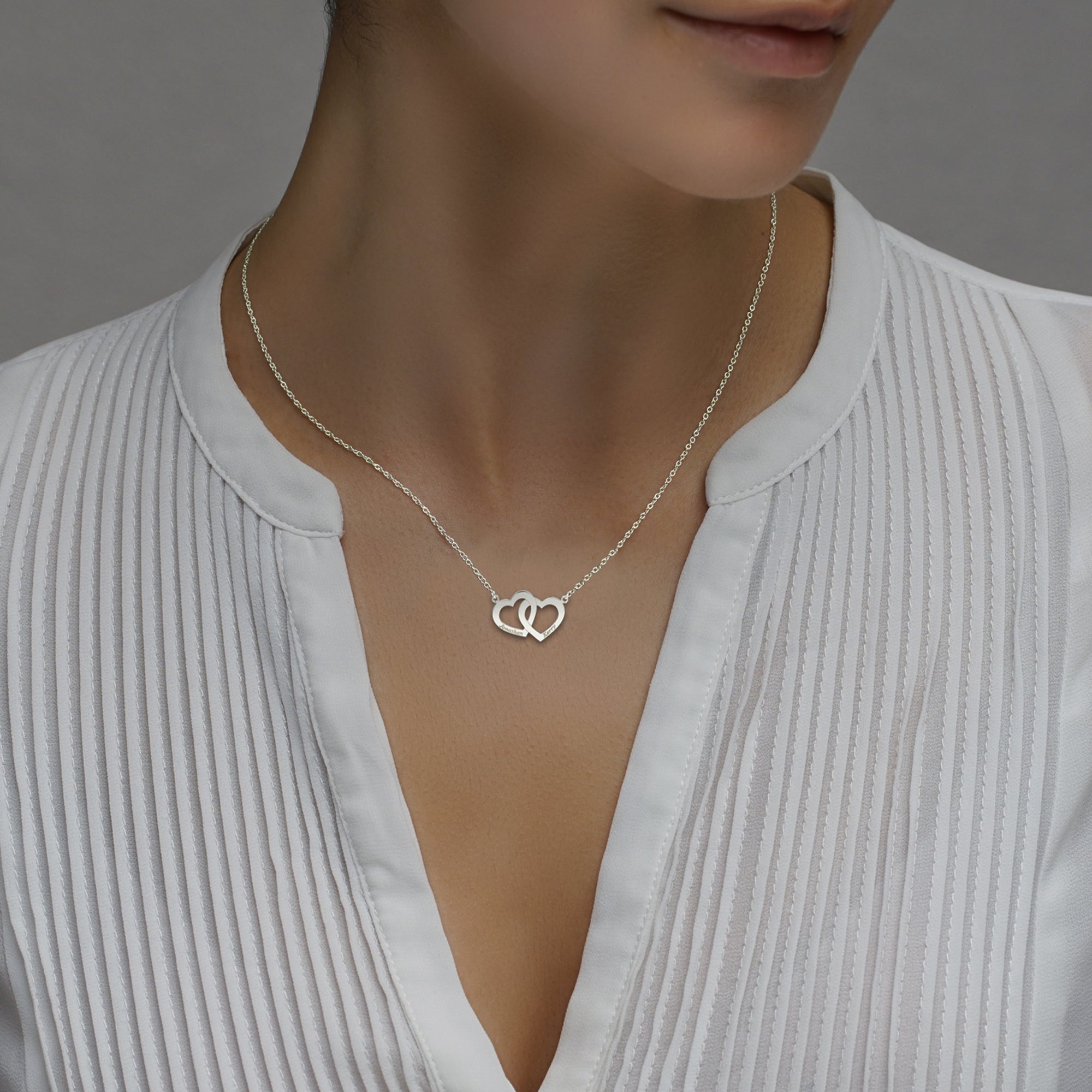 Sterling Silver Engraved Horizontal Double Heart Pendant With Chain
