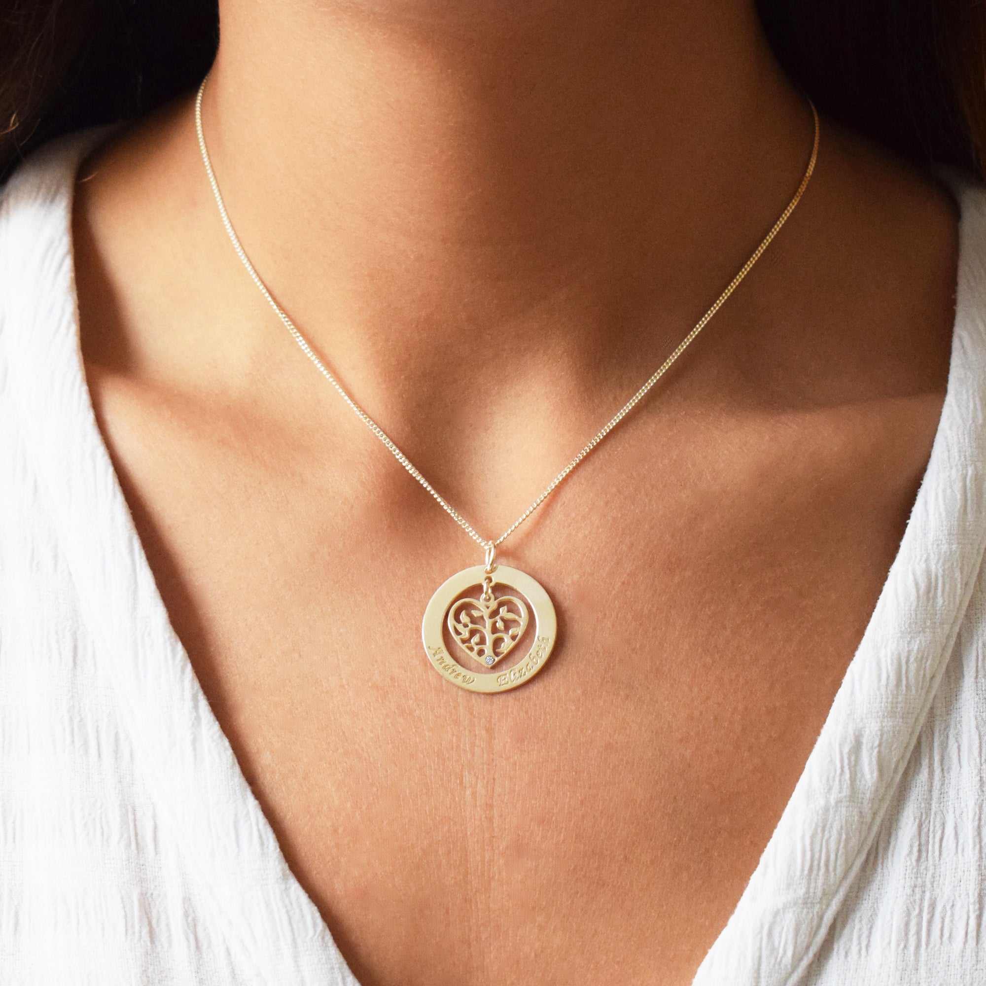 9ct Yellow Gold Plated Filigree Heart Tree of Life Family Necklace With Crystal Or Real Diamond