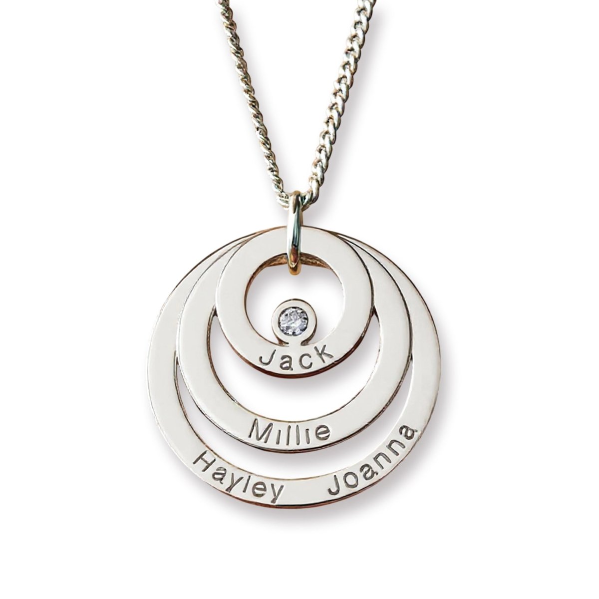 Sterling Silver Triple Disc Personalised Family Necklace With Diamond or Crystal - Love Silver Jewellery