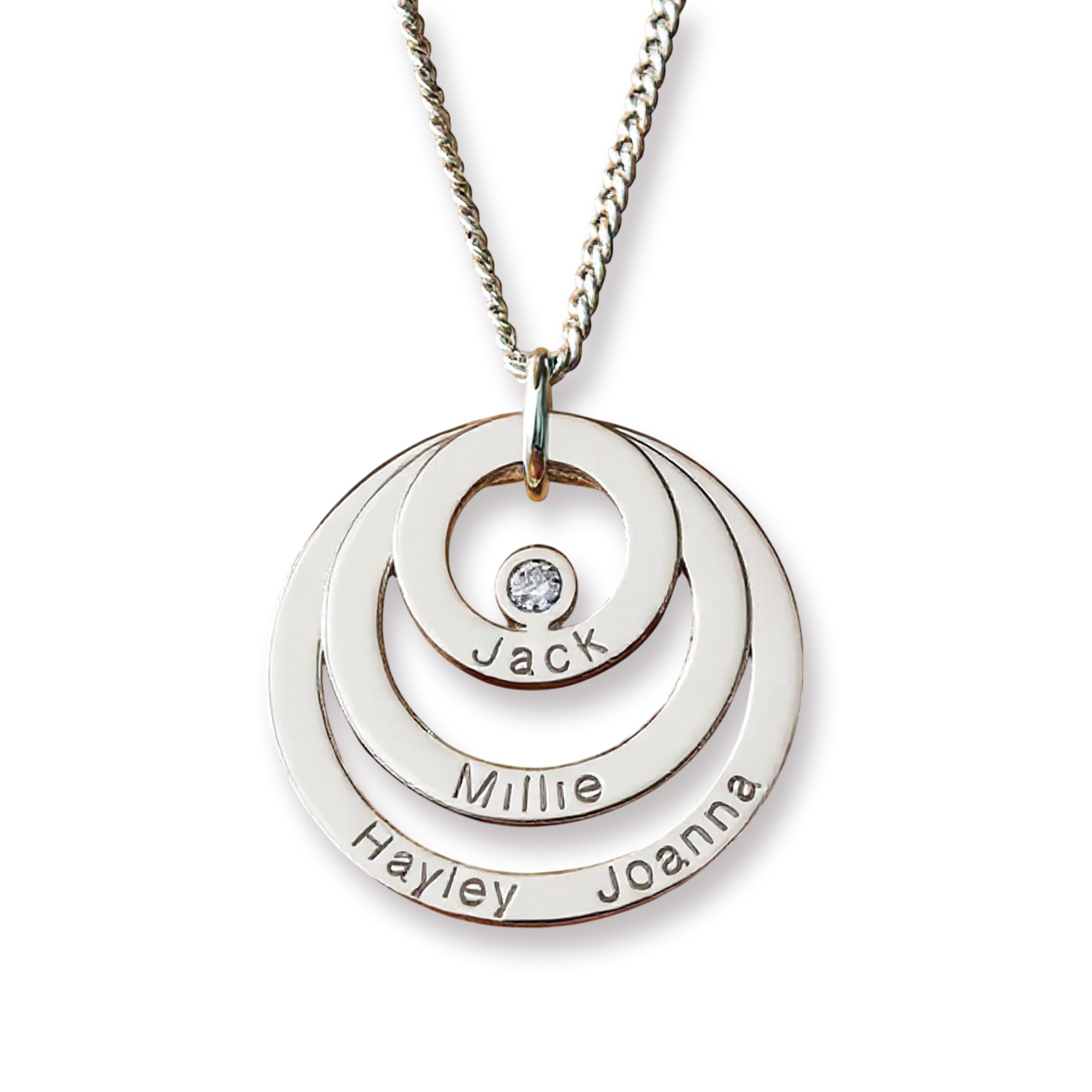 9ct White Gold Triple Disc Personalised Family Necklace With Diamond or Crystal
