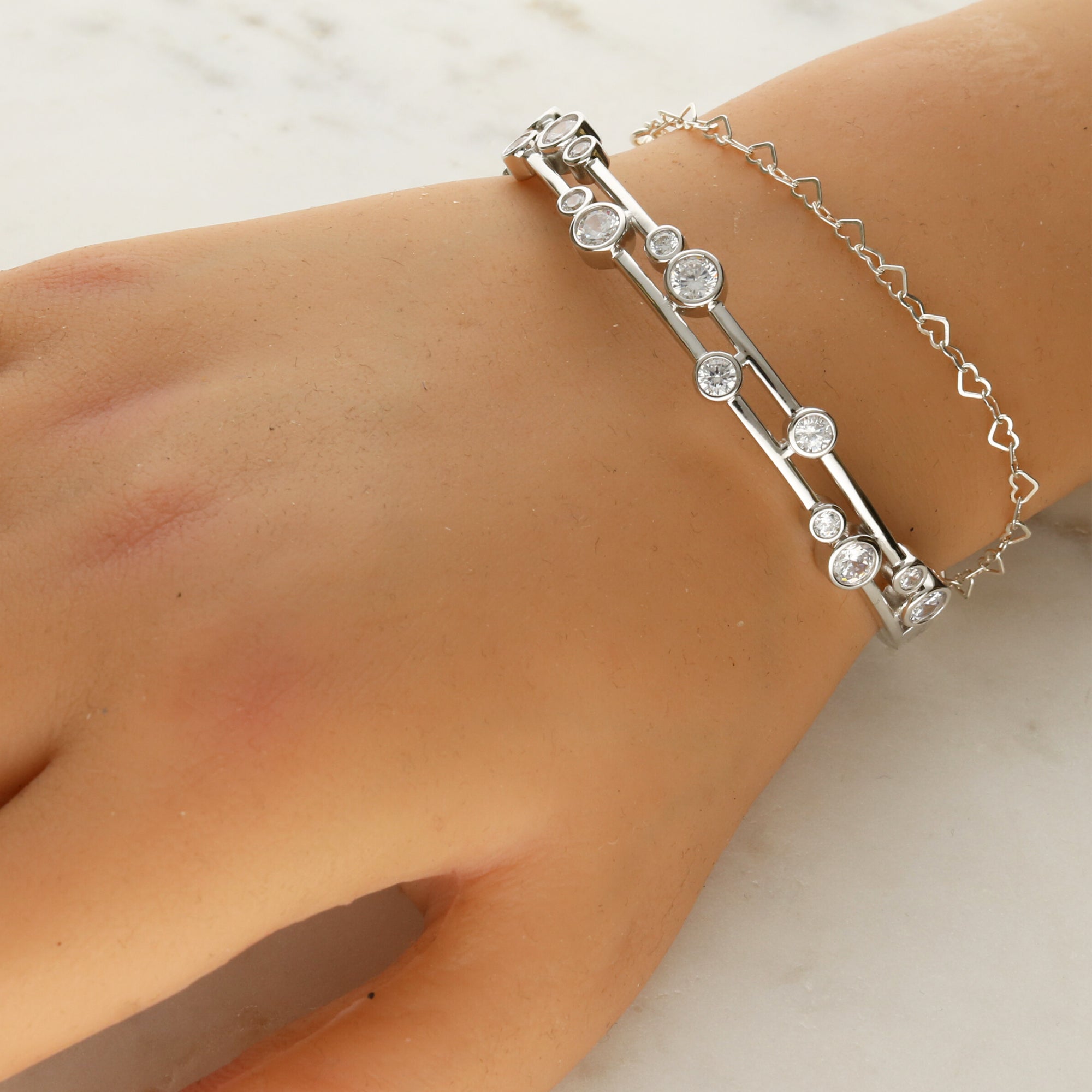 Duo-Solo CZ Sterling Silver Bangle