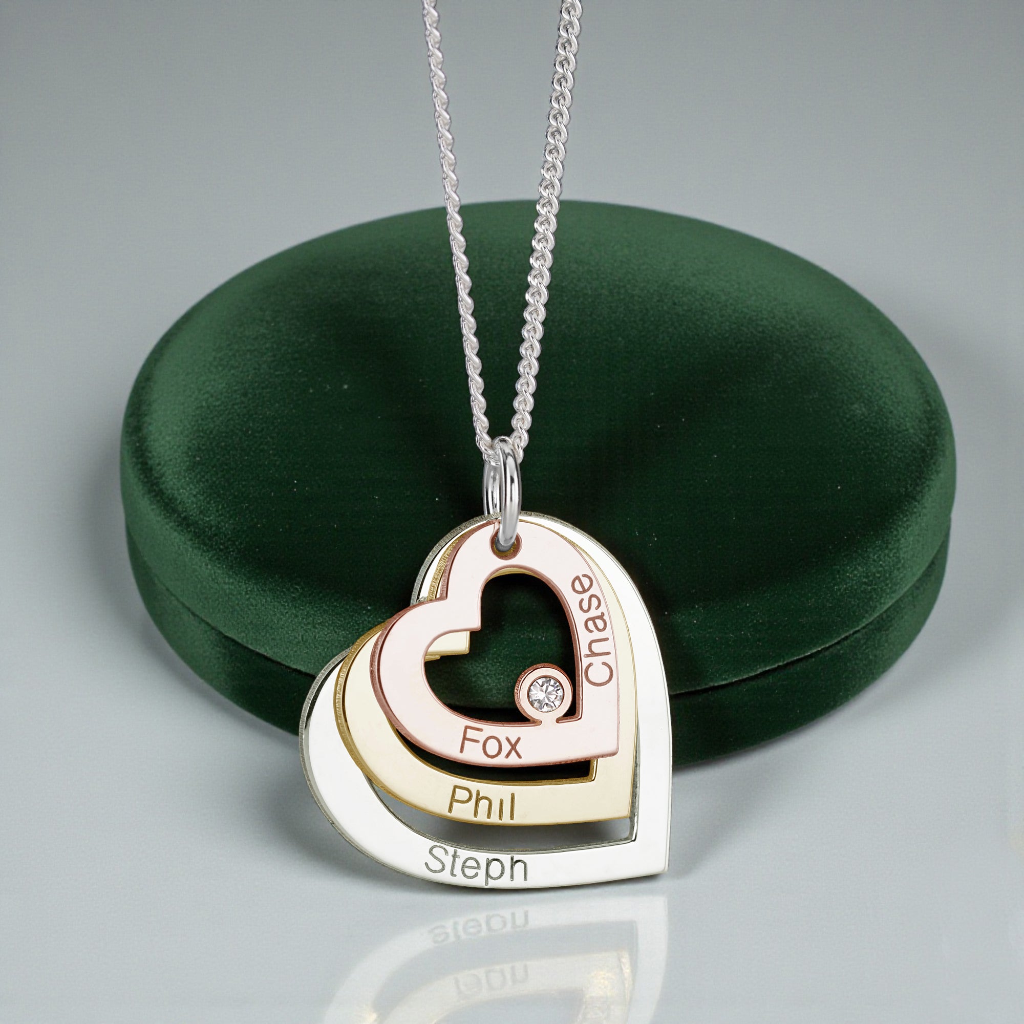 Three Colour Gold Plated Triple Heart Family Pendant With Diamond & Optional Chain