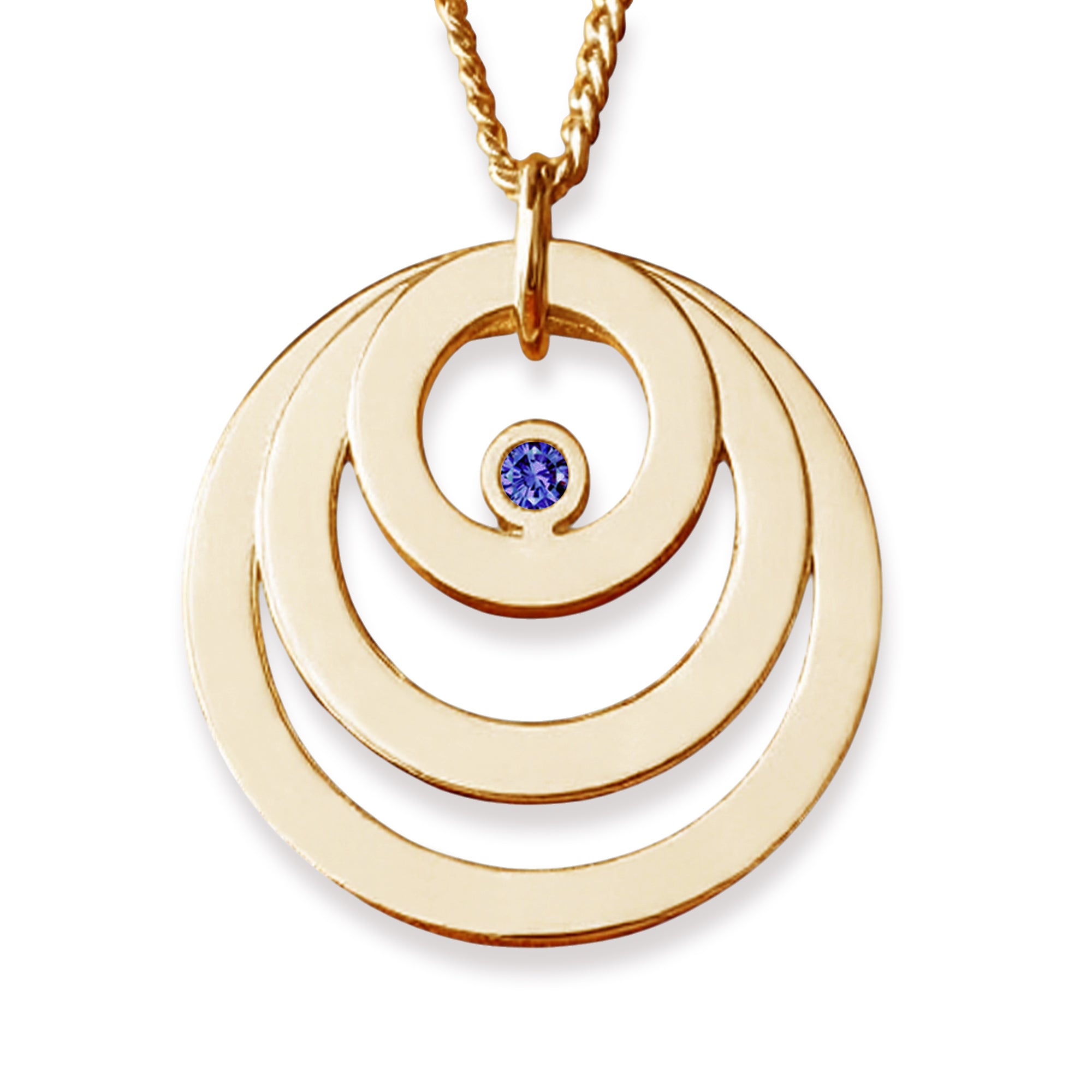 9ct Solid Yellow Gold Engraved Triple Disc Personalised Family Necklace With Sapphire & Optional Chain