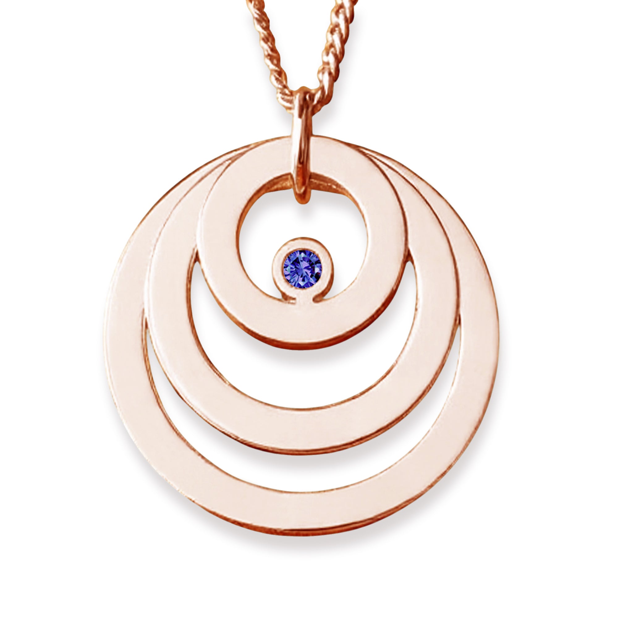 9ct Solid Rose Gold Engraved Triple Disc Personalised Family Necklace With Sapphire & Optional Chain