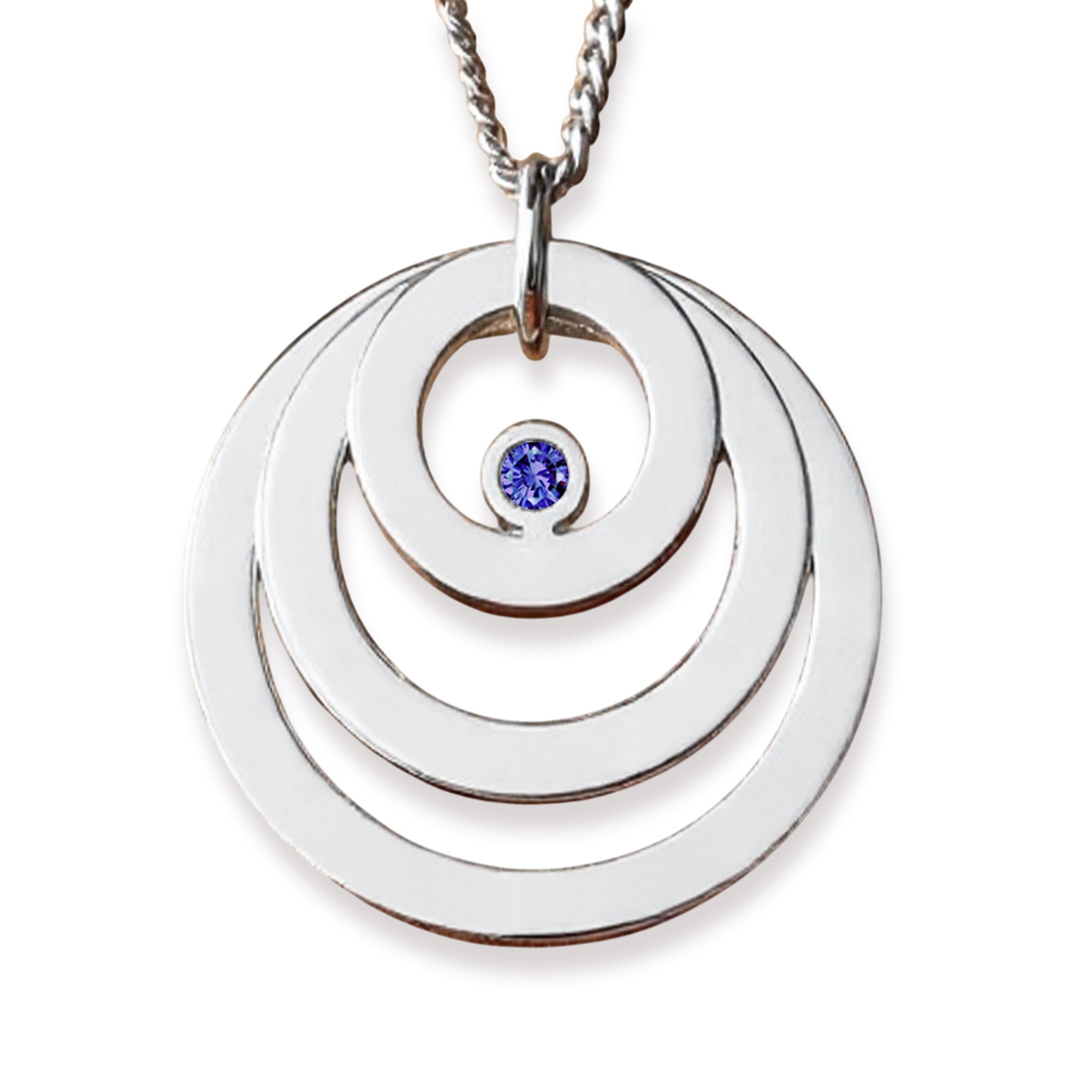 9ct White Gold Engraved Triple Disc Personalised Family Necklace With Sapphire