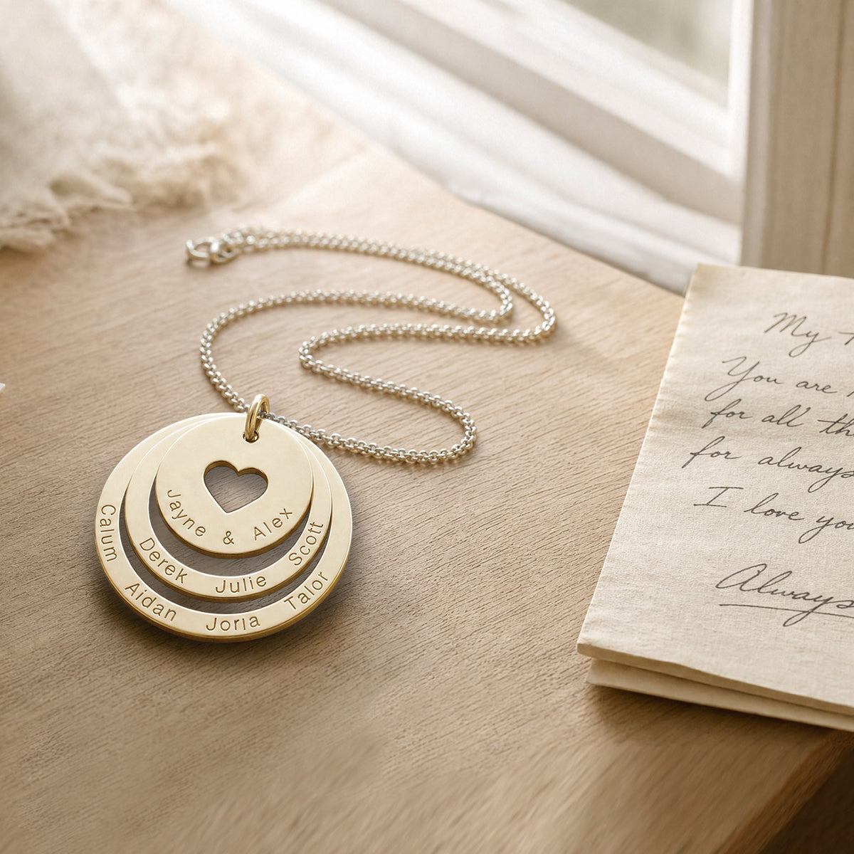 9ct Yellow Gold Two Disc Cut Out Heart Personalised Family Necklace