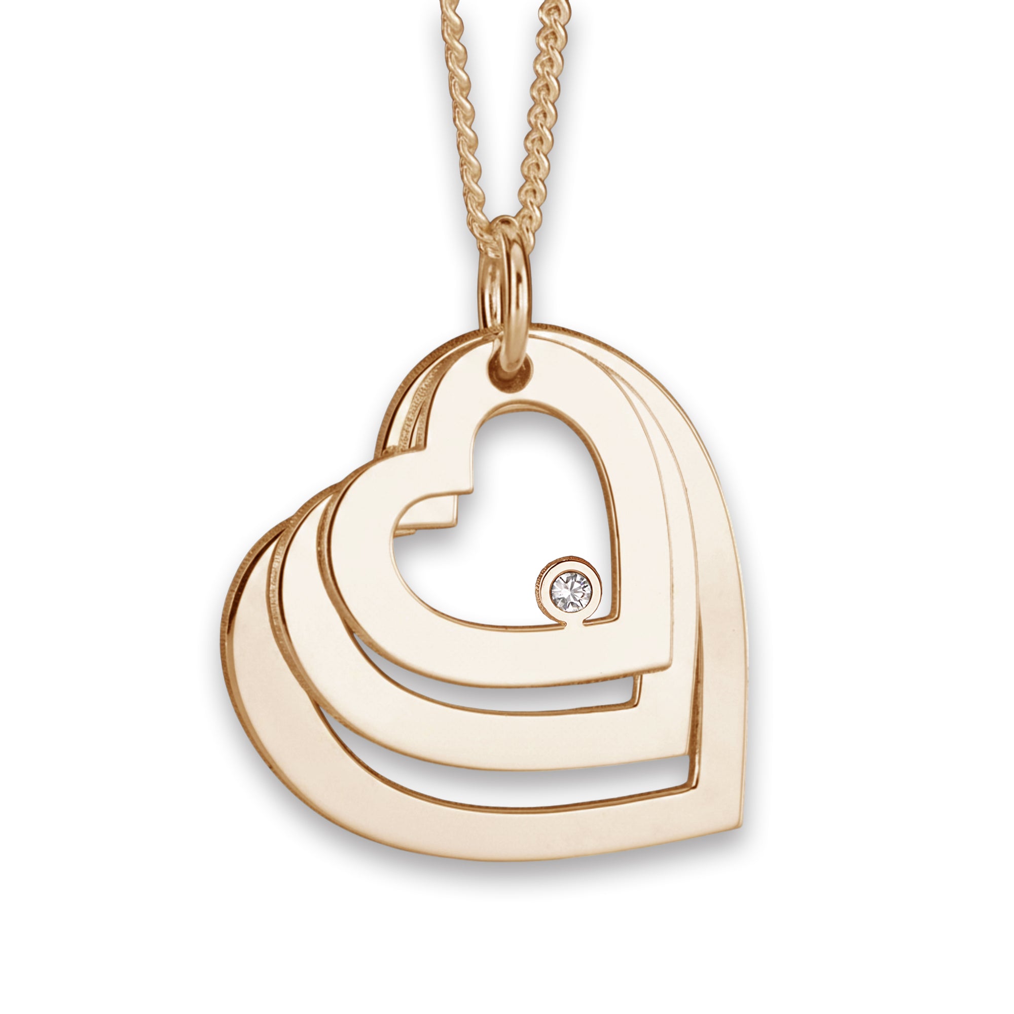 9ct Solid Yellow Gold Engraved Triple Heart Pendant With Diamond & Optional Chain