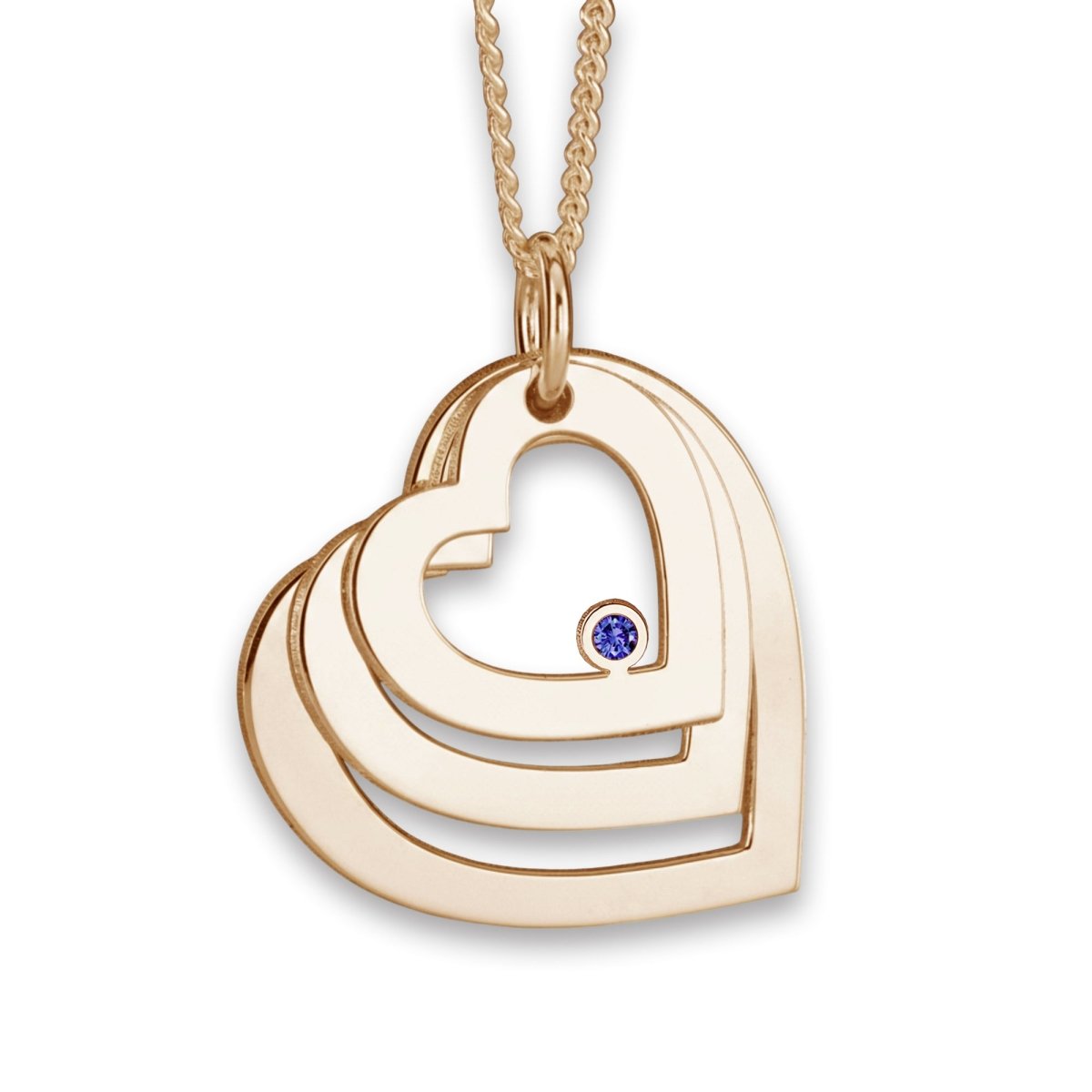 9ct Solid Yellow Gold Engraved Triple Heart Pendant With Sapphire & Optional Chain - Love Silver Jewellery