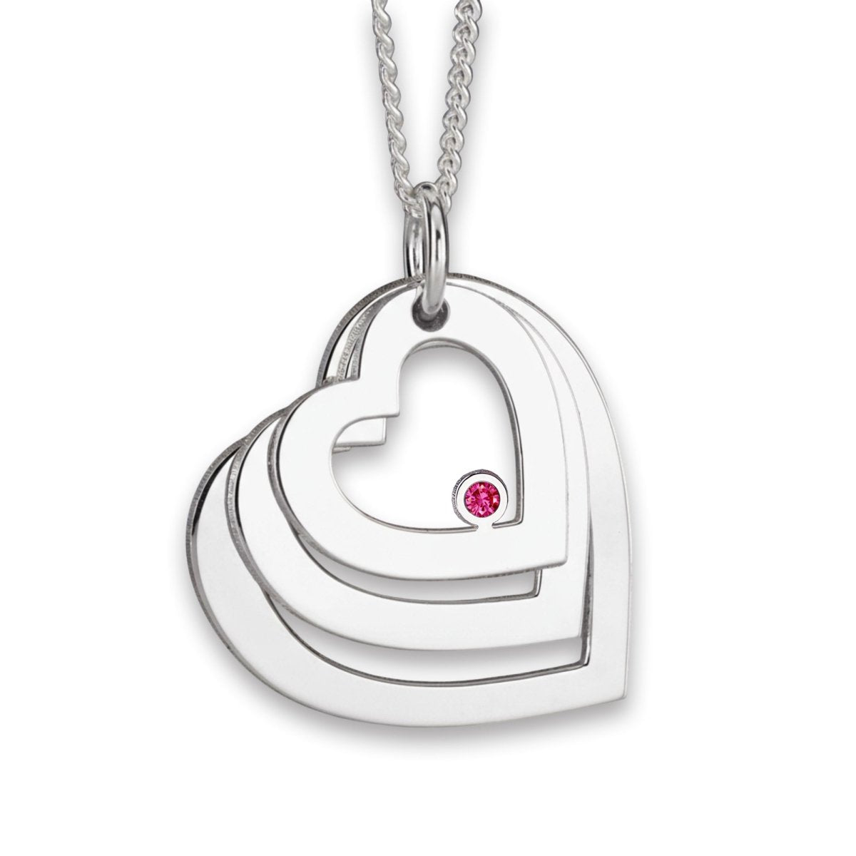 9ct Solid White Gold Engraved Triple Heart Pendant With Ruby - Love Silver Jewellery
