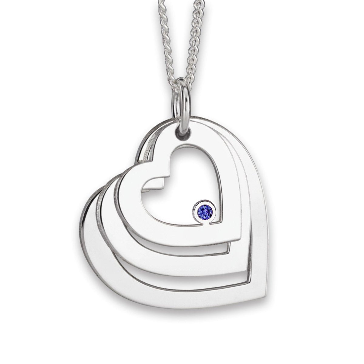 Sterling Silver Engraved Triple Heart Pendant With Sapphire - Love Silver Jewellery