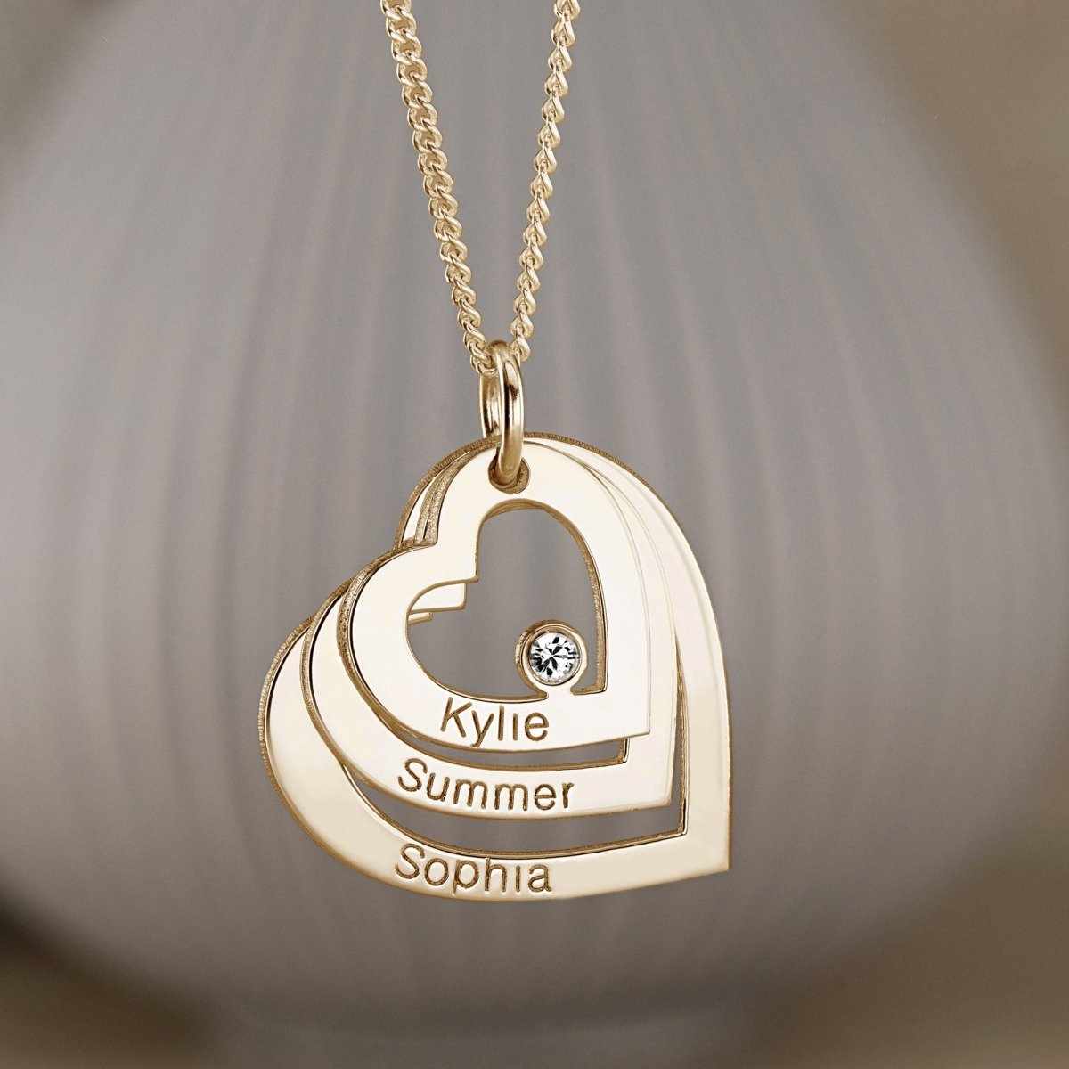 9ct Solid Yellow Gold Engraved Triple Heart Pendant With Diamond & Optional Chain - Love Silver Jewellery